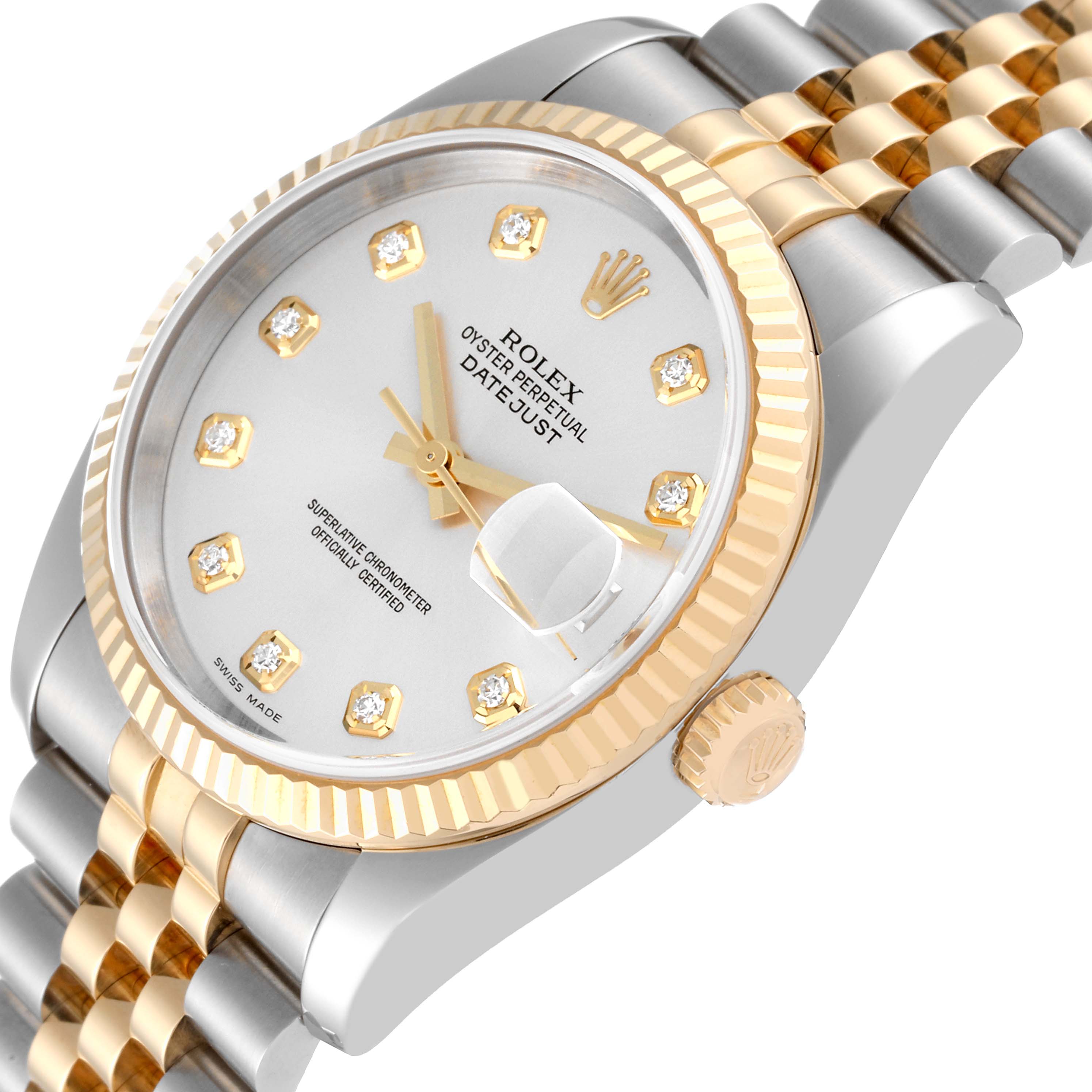 This image shows a close-up of the Rolex Datejust 116233 Men's Steel and Gold (two tone) Silver Dial 116233 Men's Steel and Gold (two tone) Silver Dial watch, highlighting its dial, bezel, crown, and Jubilee bracelet at an angled perspective.