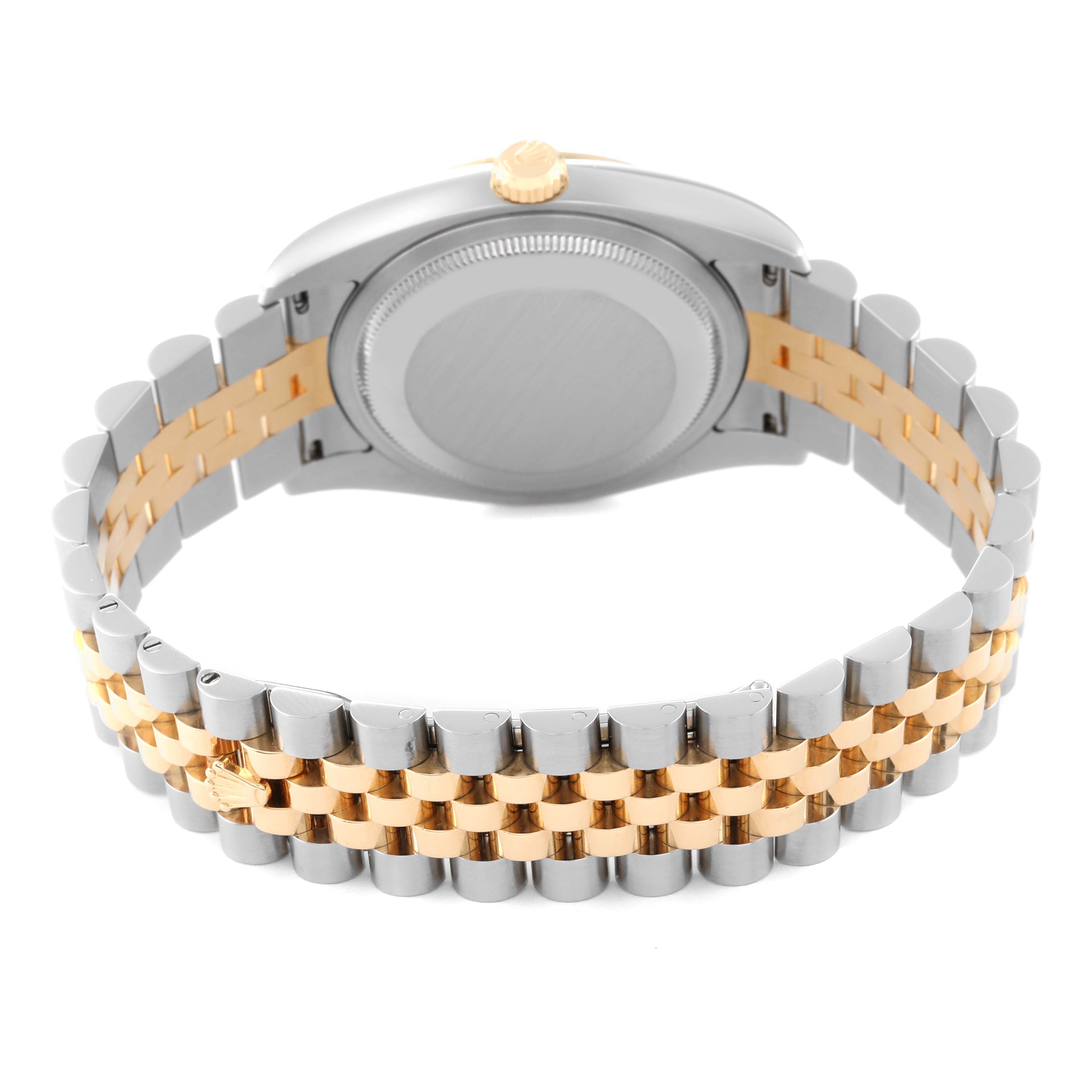 This image shows the back case and bracelet of a Rolex Datejust 116233 Men's Steel and Gold (two tone) Silver Dial 116233 Men's Steel and Gold (two tone) Silver Dial watch, highlighting its two-tone design.