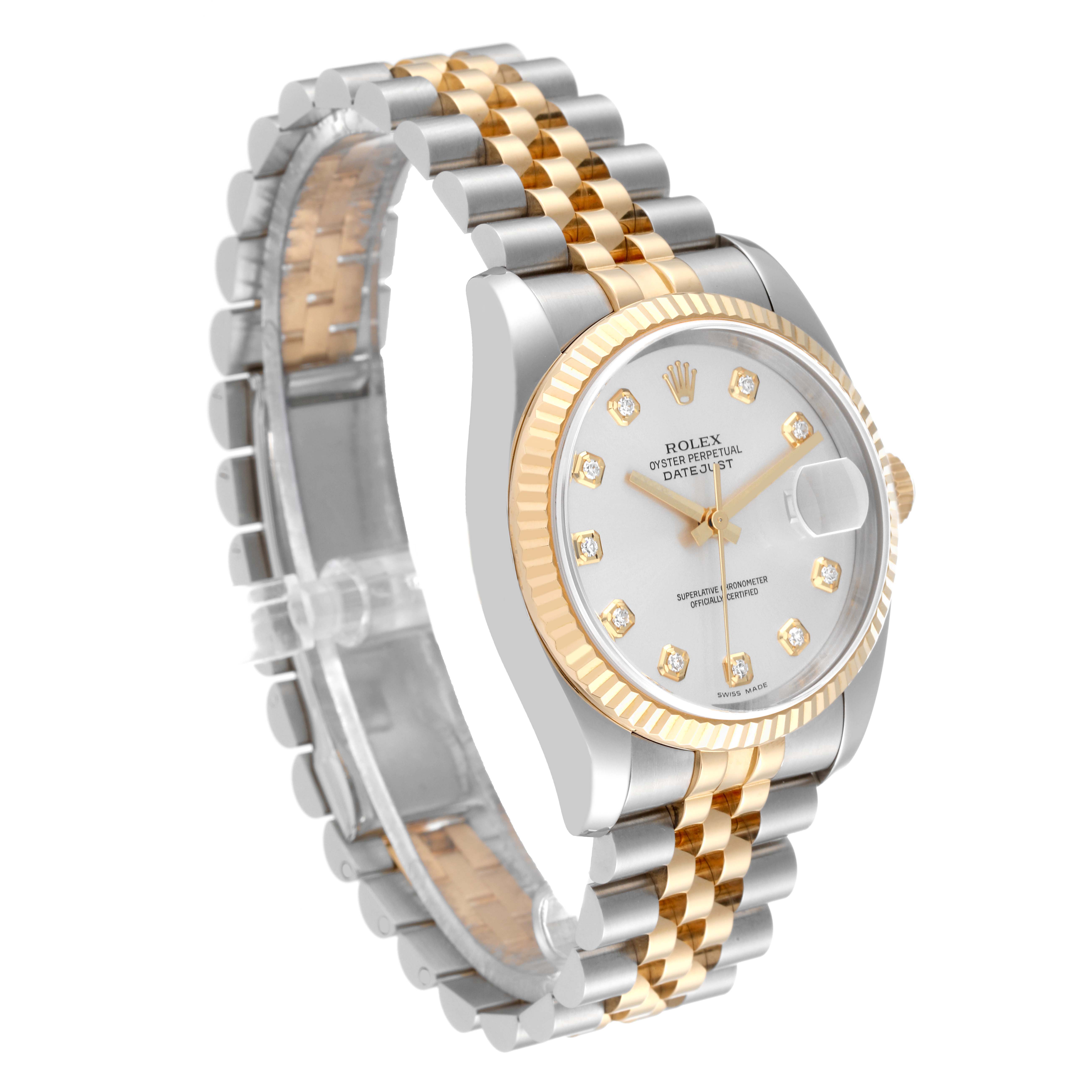 This image shows a Rolex Datejust 116233 Men's Steel and Gold (two tone) Silver Dial 116233 Men's Steel and Gold (two tone) Silver Dial watch at an angle highlighting the face, bezel, and two-tone bracelet.