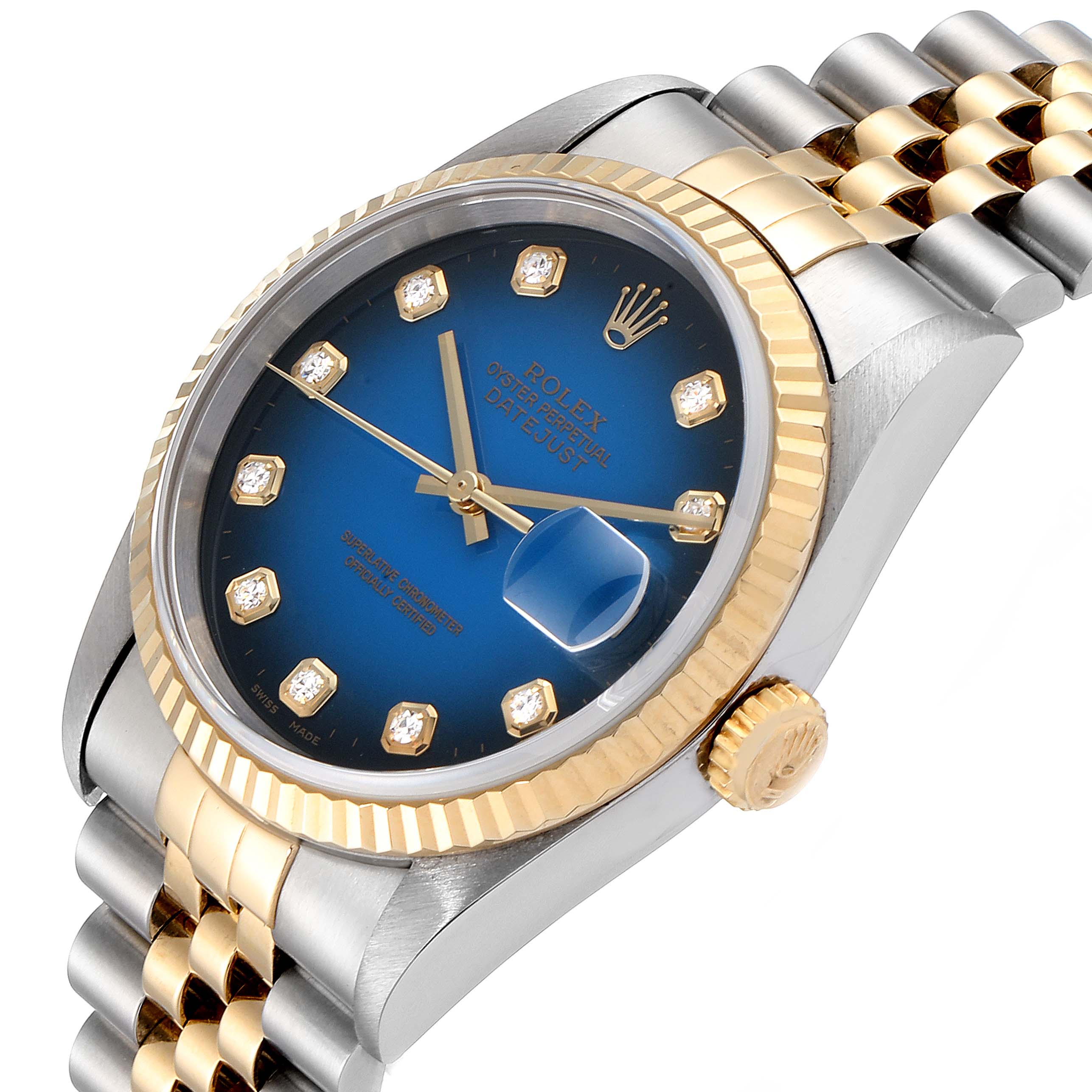 This image shows a Rolex Datejust 16233 Men's Steel and Gold (two tone) Blue Dial 16233 Men's Steel and Gold (two tone) Blue Dial watch at an angled close-up, highlighting its dial, bezel, and part of the bracelet.