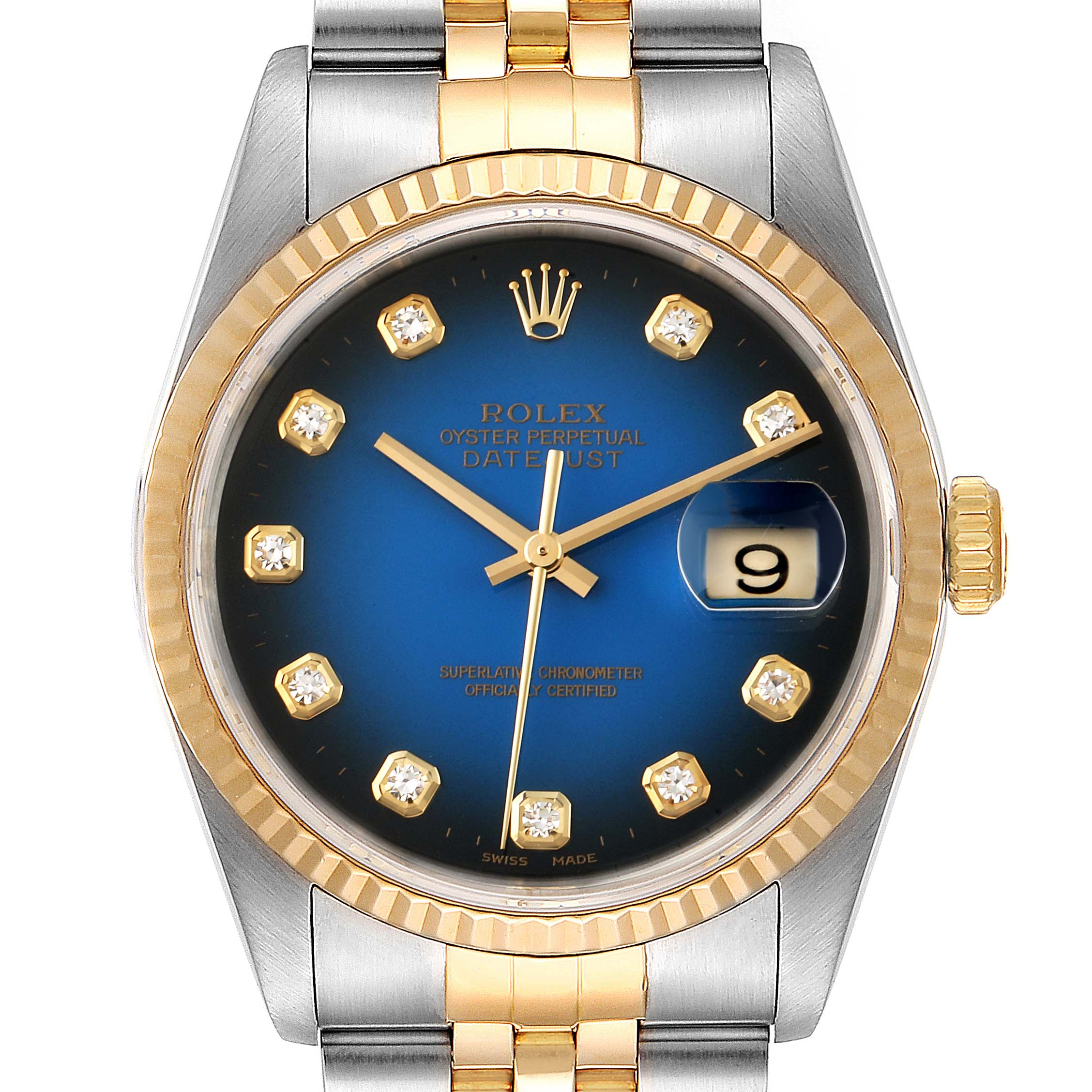 The image shows a front view of a Rolex Datejust 16233 Men's Steel and Gold (two tone) Blue Dial 16233 Men's Steel and Gold (two tone) Blue Dial watch, highlighting the dial, bezel, crown, and part of the bracelet.