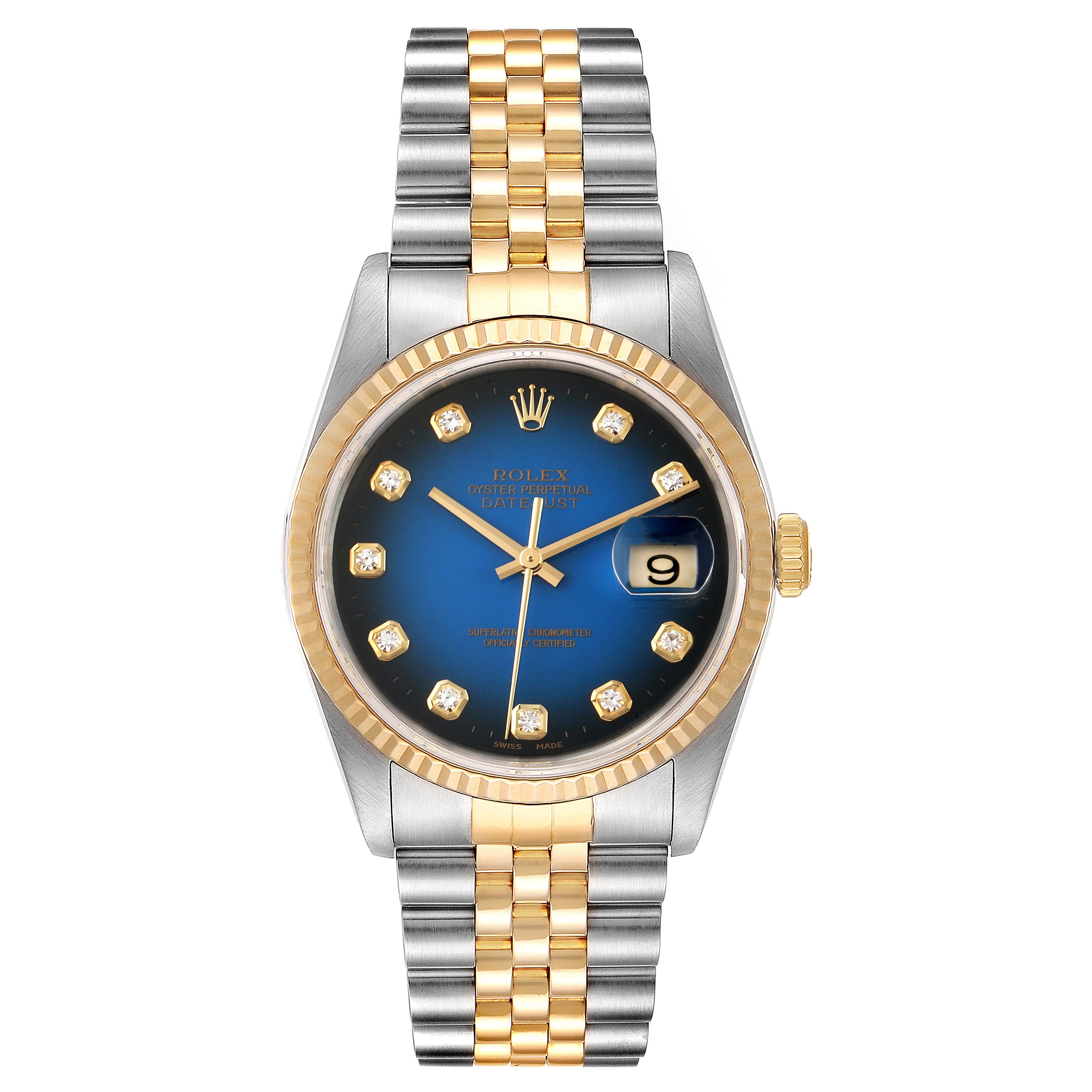 The image shows a front view of a Rolex Datejust 16233 Men's Steel and Gold (two tone) Blue Dial 16233 Men's Steel and Gold (two tone) Blue Dial watch, highlighting its two-tone bracelet, blue dial, and date display.