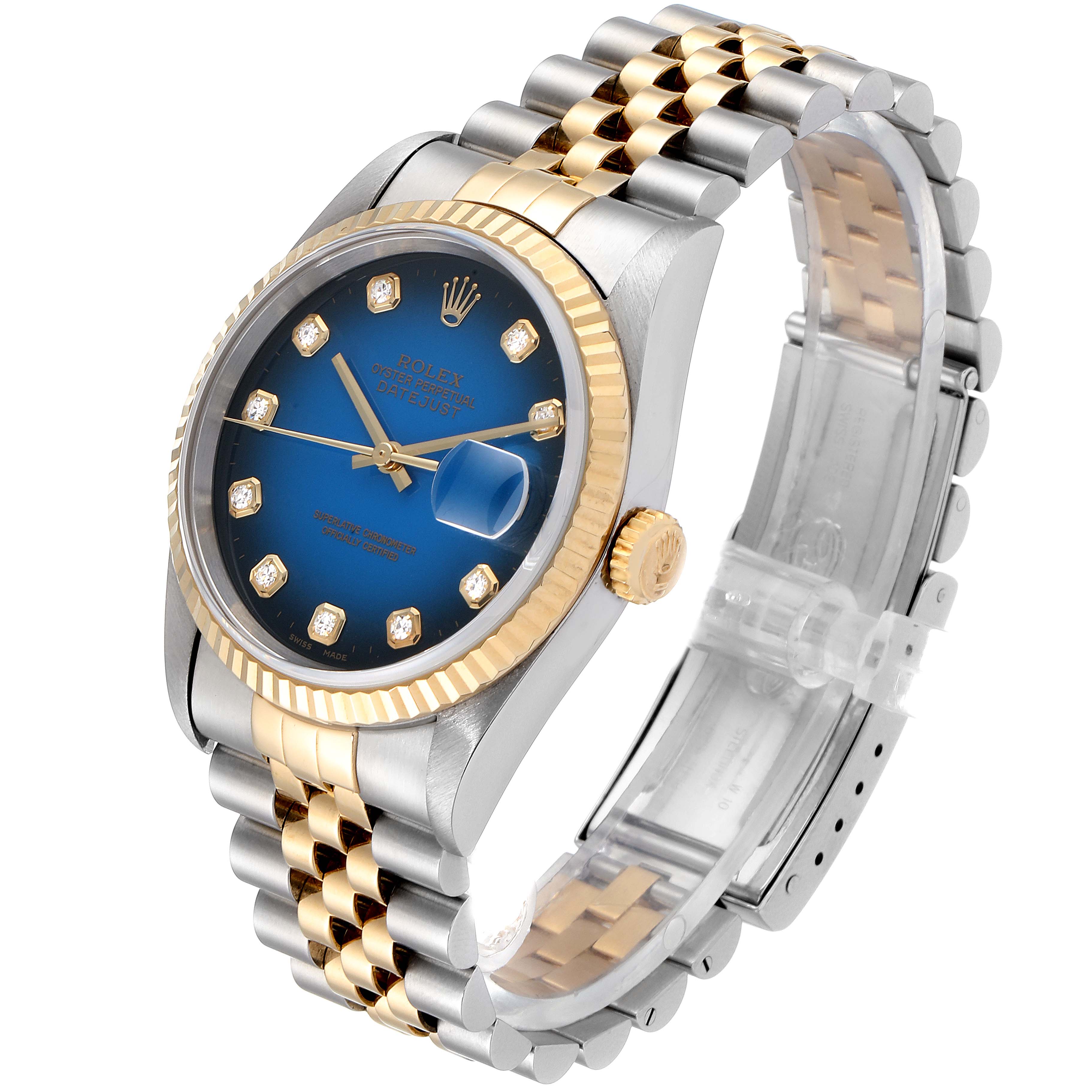 The image shows a Rolex Datejust 16233 Men's Steel and Gold (two tone) Blue Dial 16233 Men's Steel and Gold (two tone) Blue Dial watch at a 3/4 angle, highlighting its blue dial, diamond markers, two-tone bracelet, and fluted bezel.
