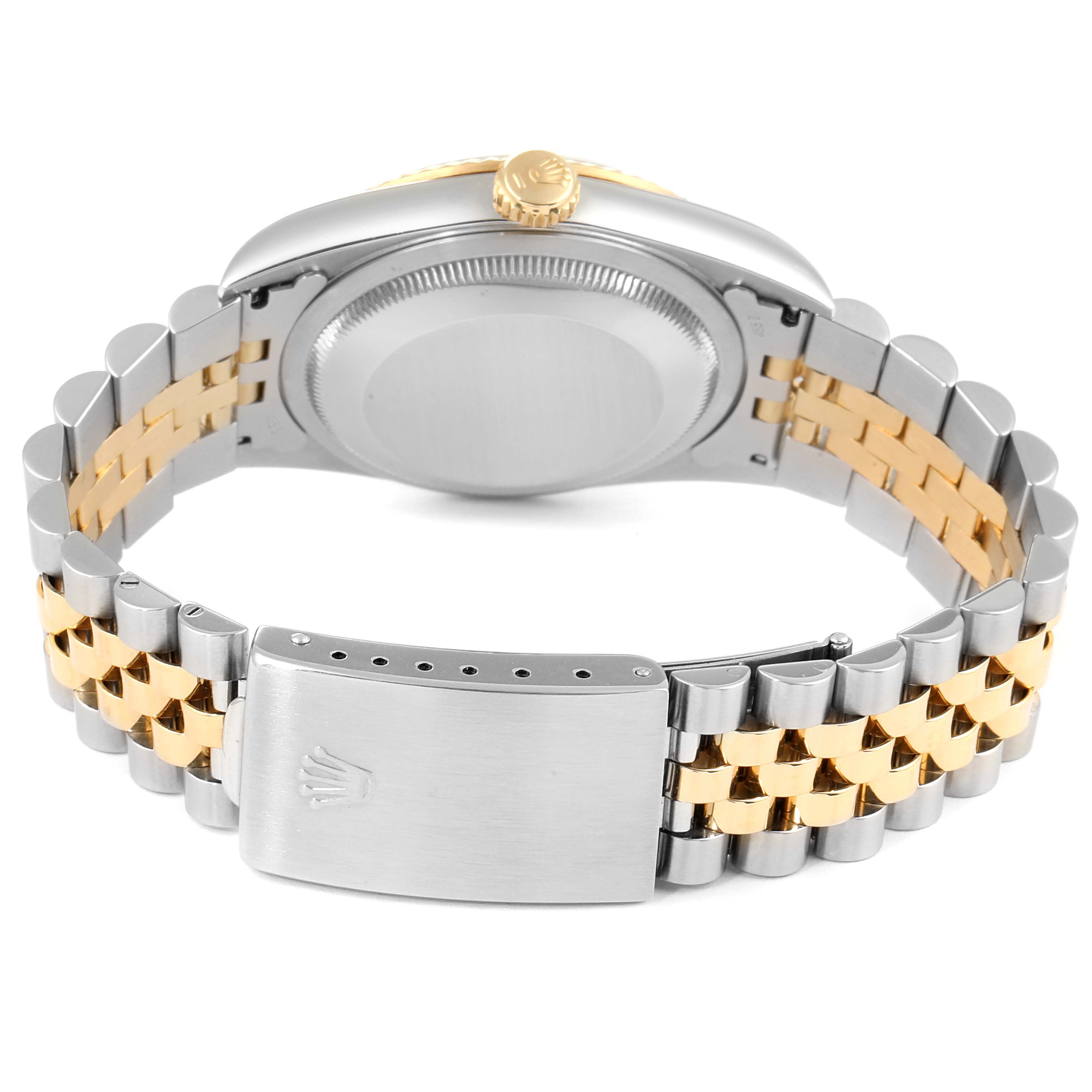 This image shows the back view of a Rolex Datejust 16233 Men's Steel and Gold (two tone) Blue Dial 16233 Men's Steel and Gold (two tone) Blue Dial watch, highlighting the case back, crown, and two-tone bracelet with clasp.