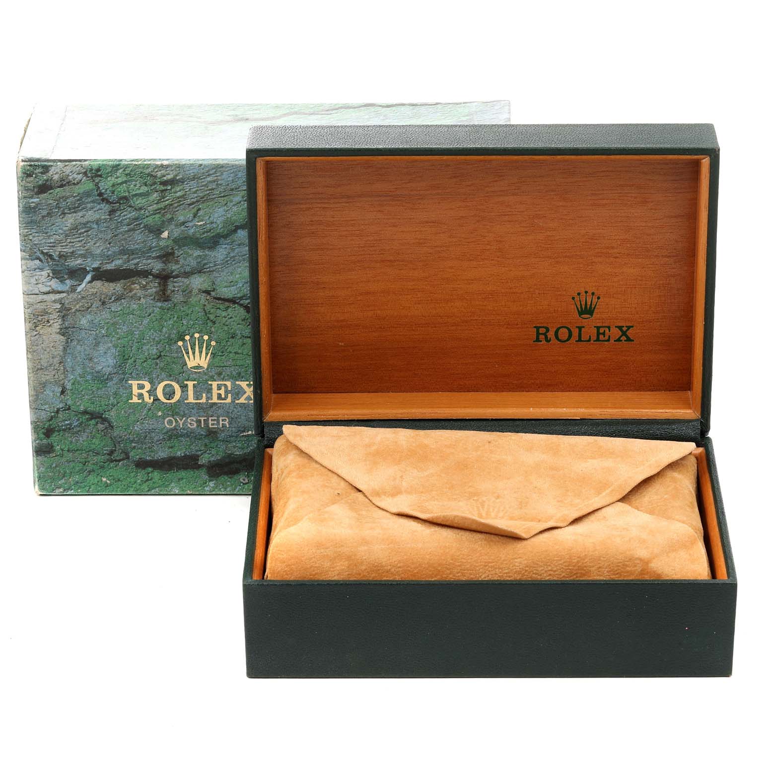 This image shows an open Rolex Datejust 16233 Men's Steel and Gold (two tone) Blue Dial 16233 Men's Steel and Gold (two tone) Blue Dial watch box and its protective pouch from a front angle, with the outer box in the background.