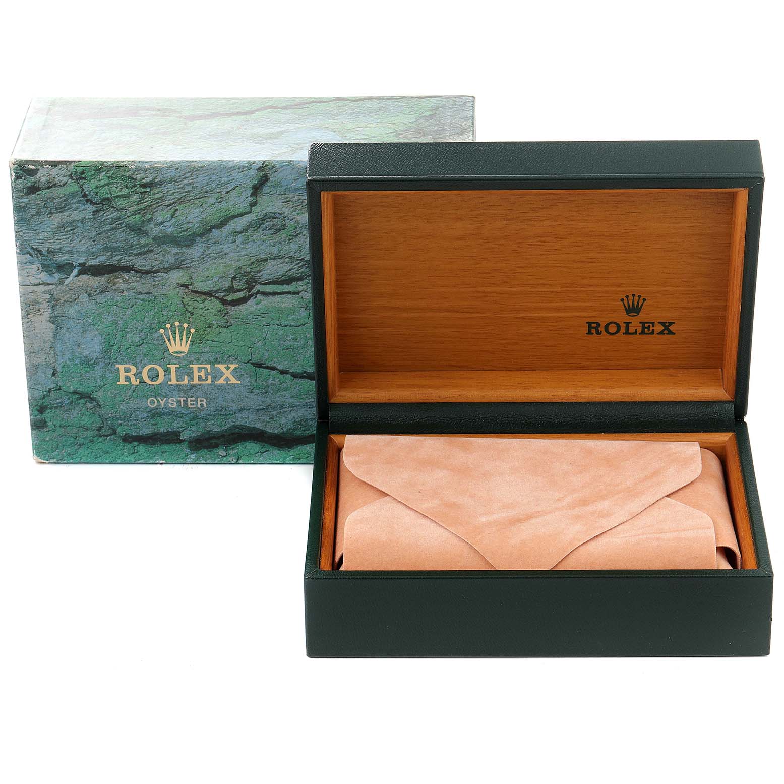 This image shows the open wooden box and green outer box for a Rolex Datejust 16233 Men's Steel and Gold (two tone) White Dial 16233 Men's Steel and Gold (two tone) White Dial watch.