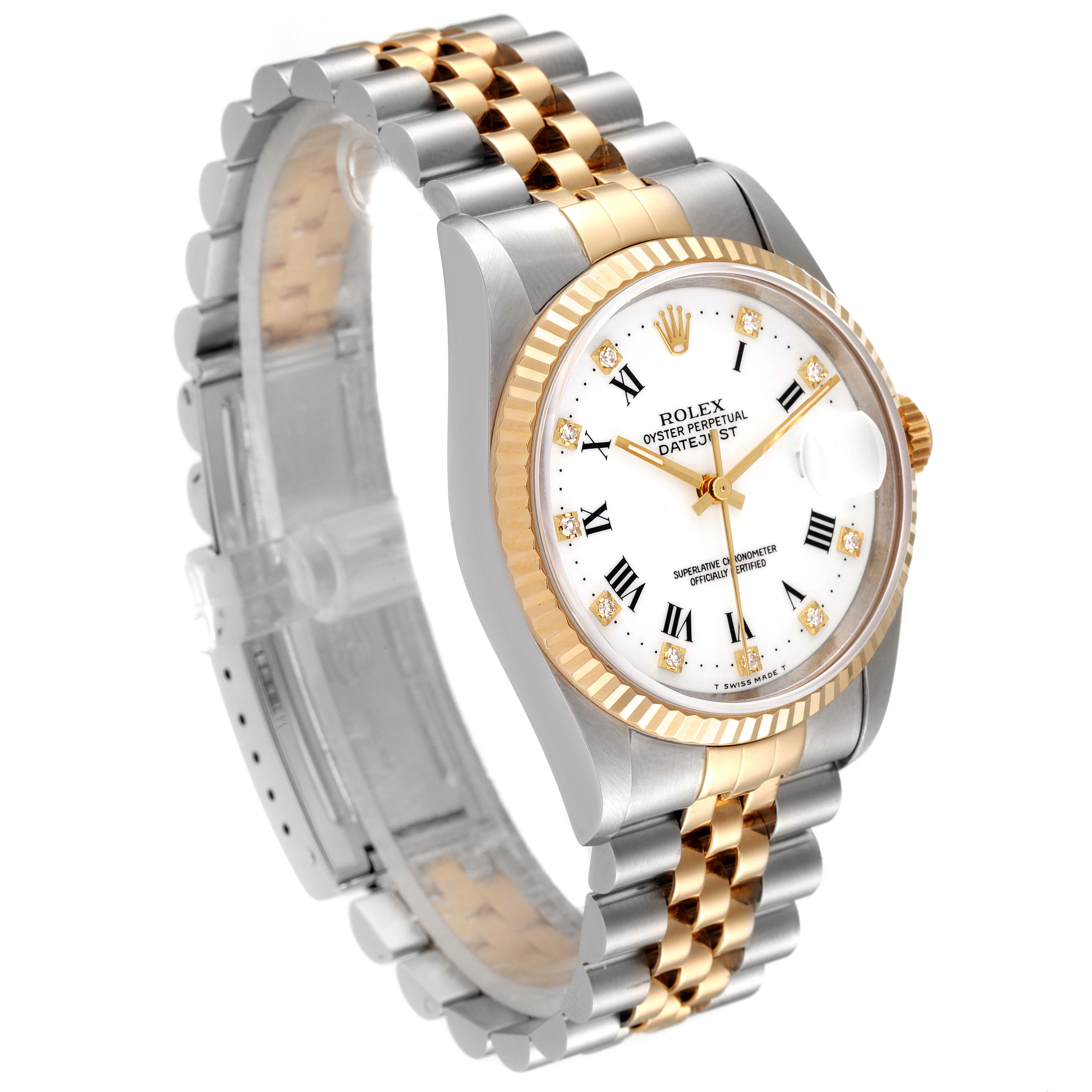 The image shows an angled view of a Rolex Datejust 16233 Men's Steel and Gold (two tone) White Dial 16233 Men's Steel and Gold (two tone) White Dial watch displaying its face, bezel, and Jubilee bracelet.