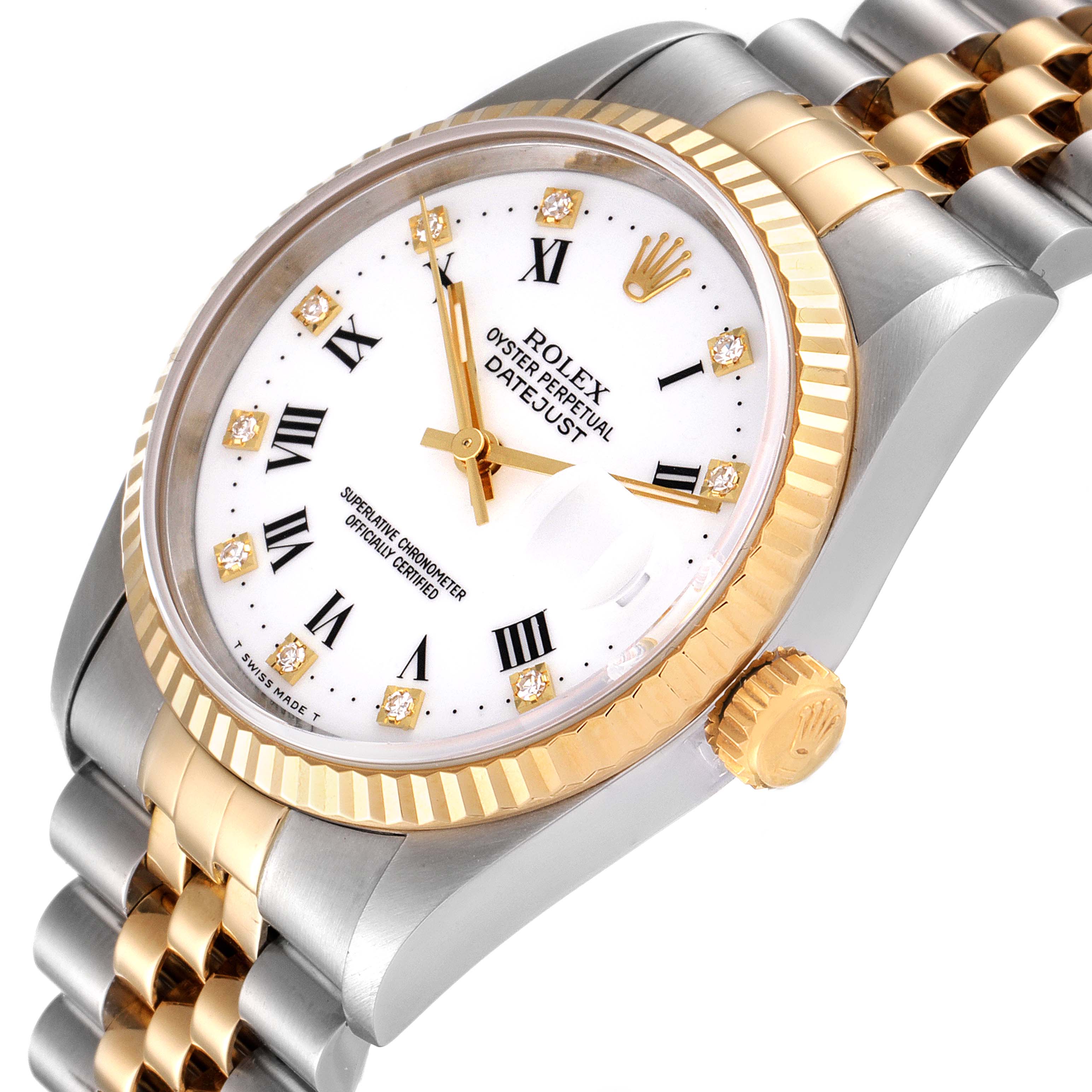 This Rolex Datejust 16233 Men's Steel and Gold (two tone) White Dial 16233 Men's Steel and Gold (two tone) White Dial model watch is shown from an angled close-up, highlighting its gold bezel, dial, crown, and bracelet.