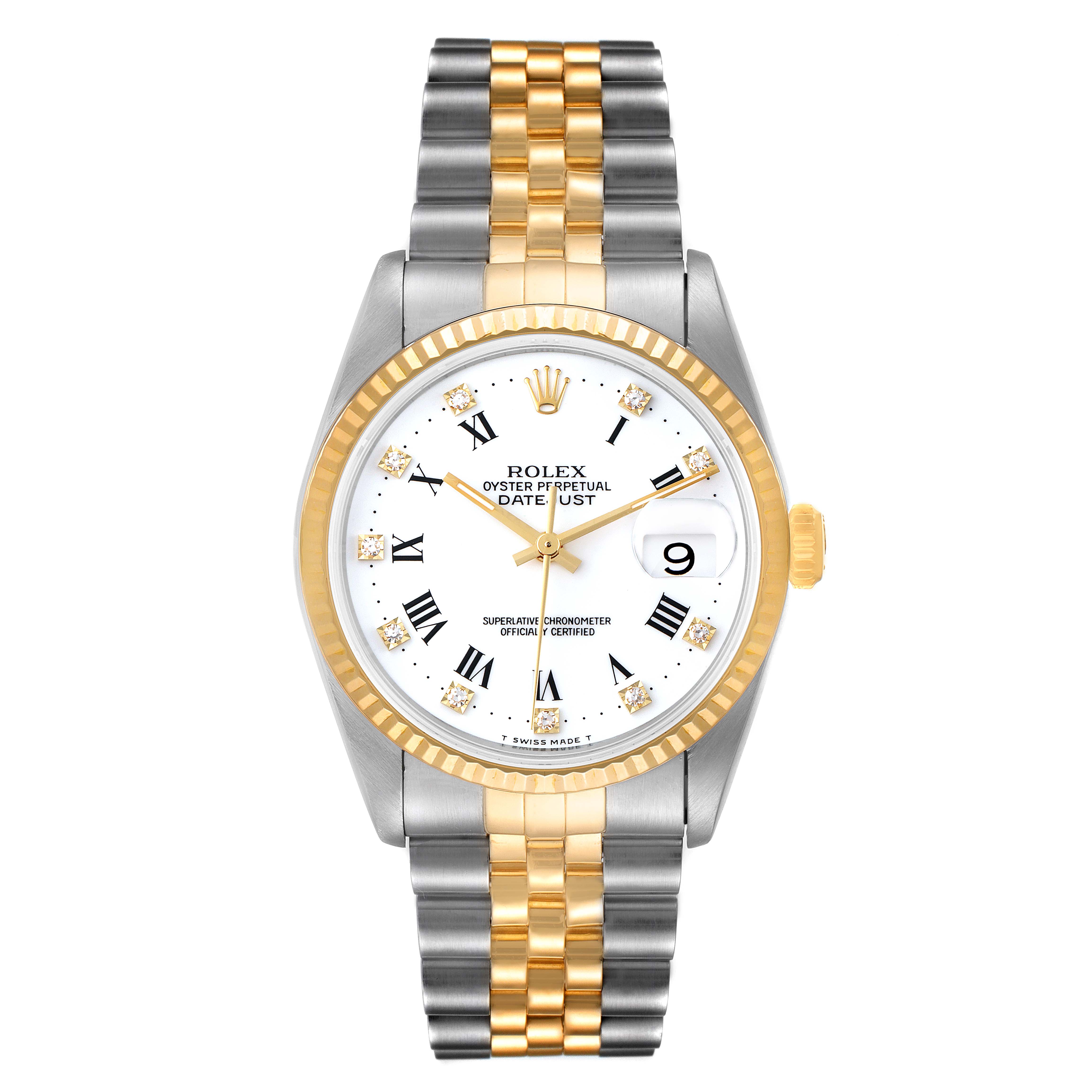 The image shows a front view of a Rolex Datejust 16233 Men's Steel and Gold (two tone) White Dial 16233 Men's Steel and Gold (two tone) White Dial watch with a two-tone bracelet and fluted bezel.