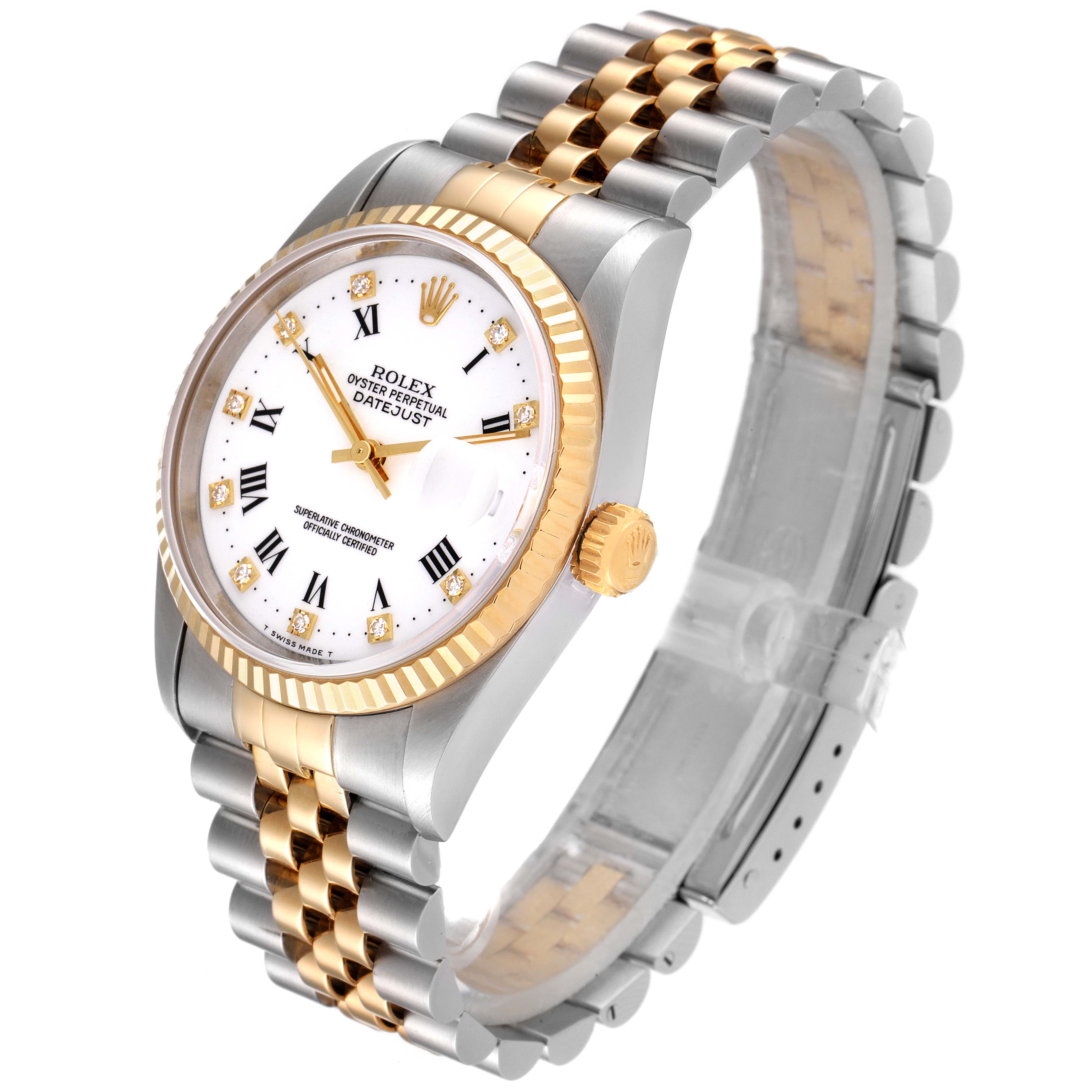 The image features a Rolex Datejust 16233 Men's Steel and Gold (two tone) White Dial 16233 Men's Steel and Gold (two tone) White Dial watch, showing a side angle highlighting the bracelet, bezel, and crown.