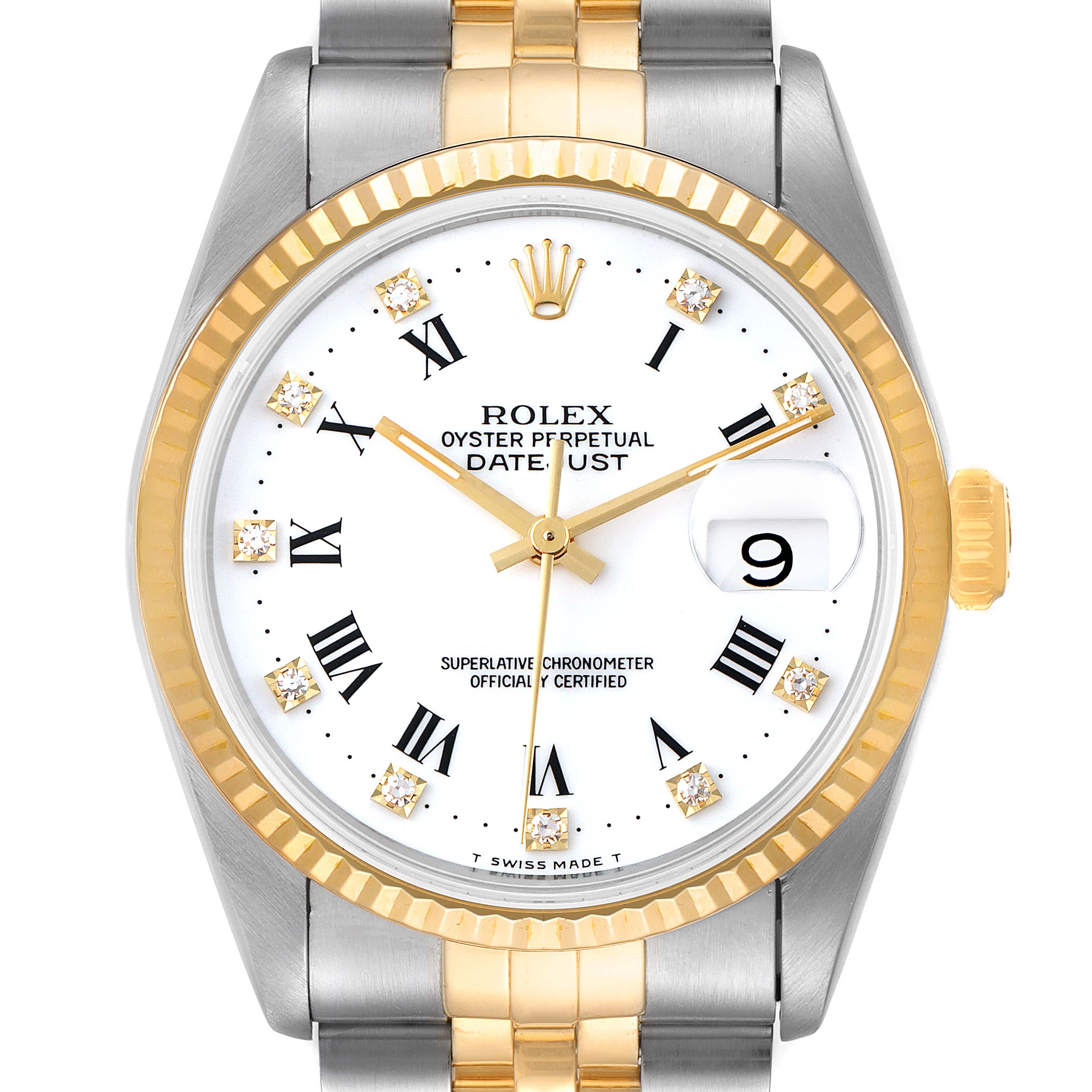 The image shows a front view of the Rolex Datejust 16233 Men's Steel and Gold (two tone) White Dial 16233 Men's Steel and Gold (two tone) White Dial, highlighting its dial, bezel, crown, and bracelet.