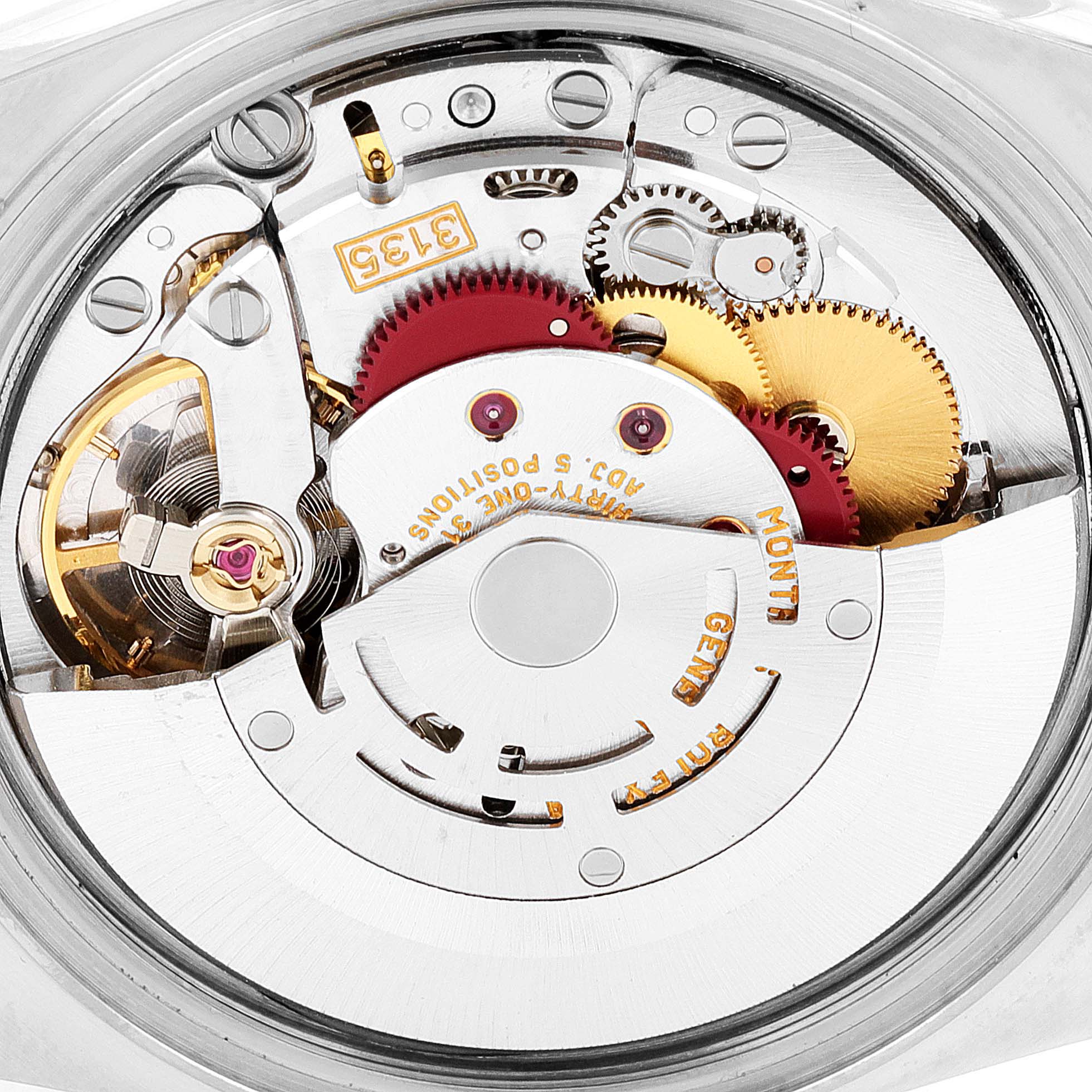 This image shows a close-up view of the movement and internal components of a Rolex Datejust 16233 Men's Steel and Gold (two tone) White Dial 16233 Men's Steel and Gold (two tone) White Dial watch.