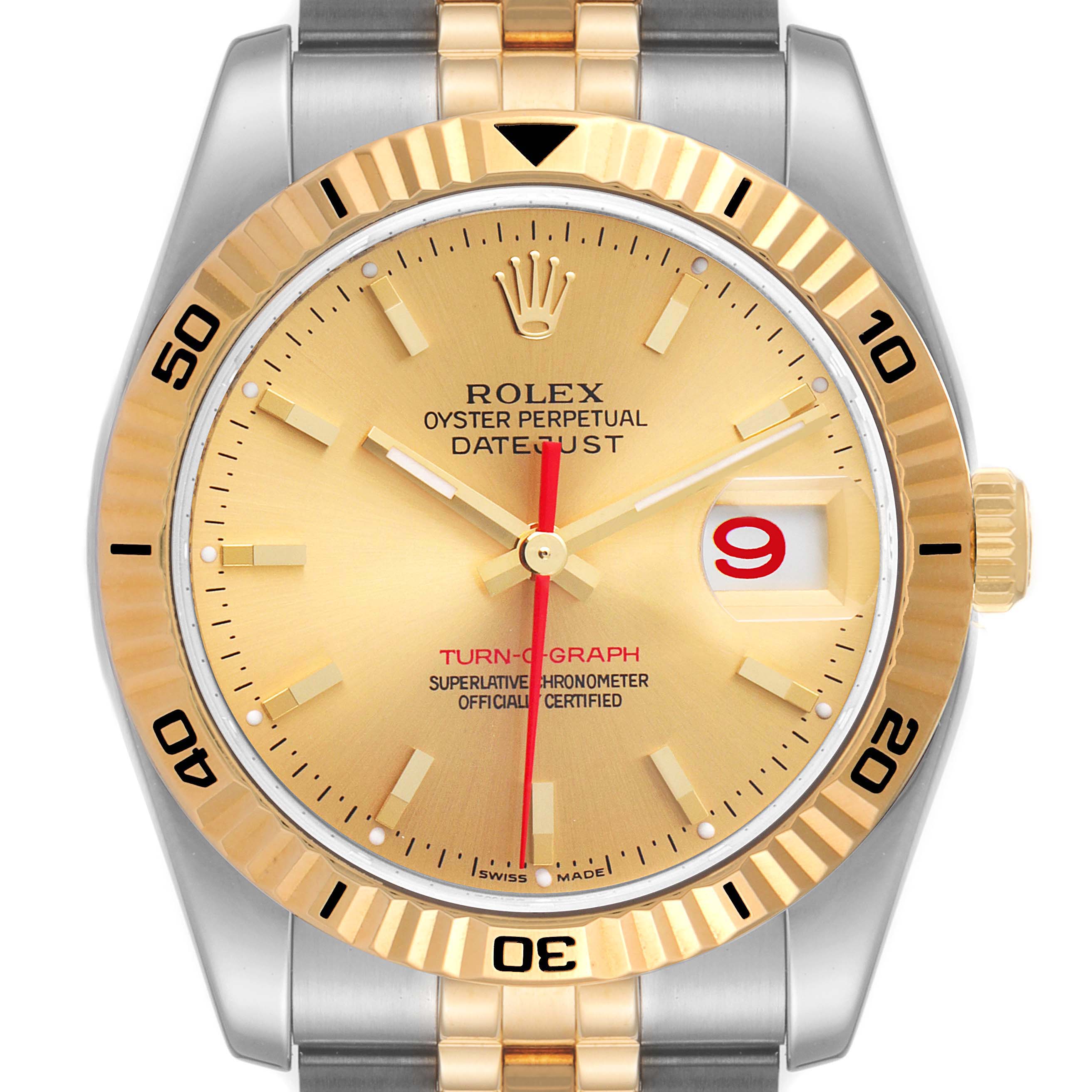 This image shows a front view of the Rolex Turn-o-Graph 116263 Men's Steel and Gold (two tone) Champagne Dial 116263 Men's Steel and Gold (two tone) Champagne Dial watch, highlighting the bezel, dial, hands, and bracelet.