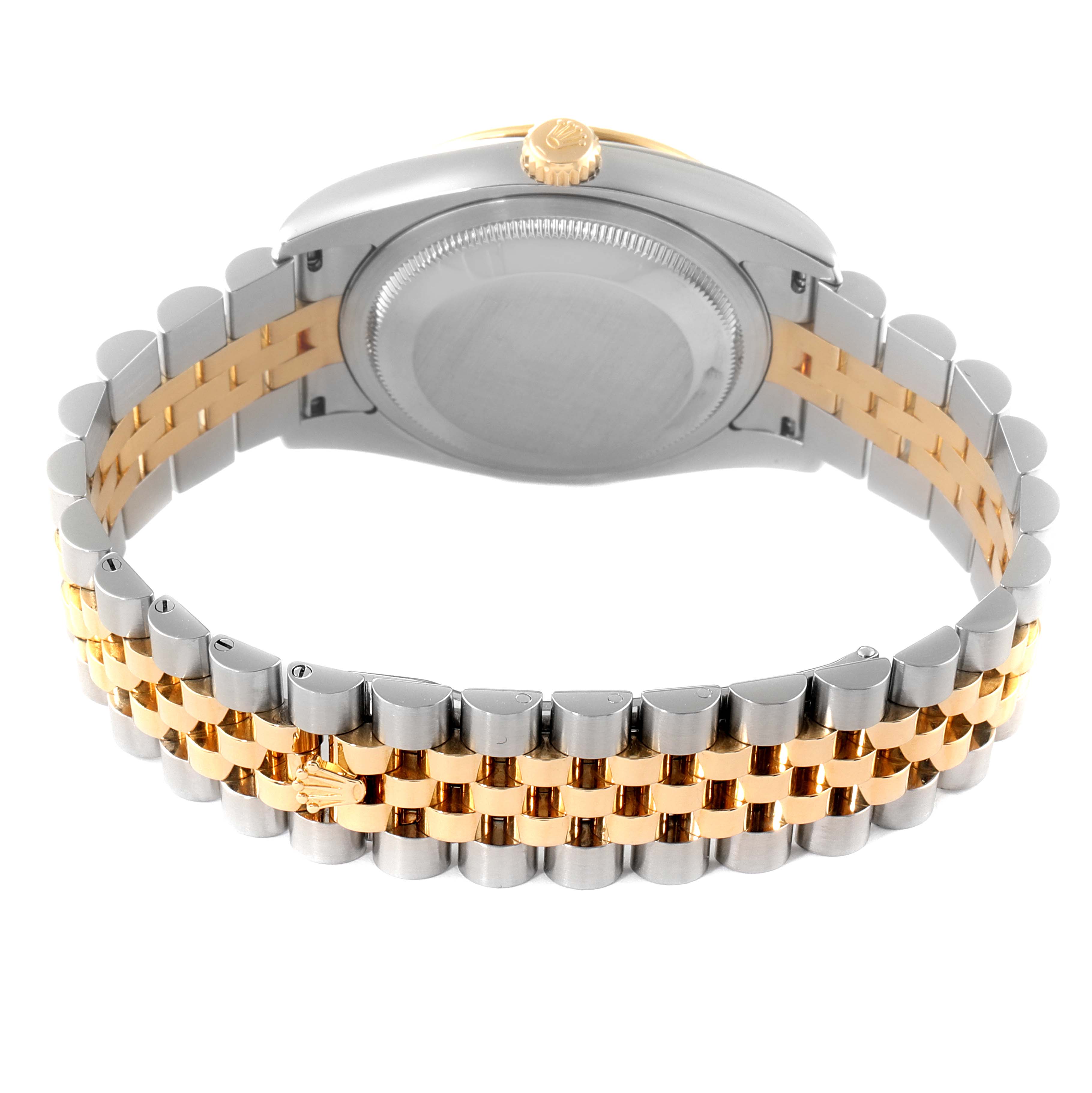 The image shows the back case and two-tone bracelet of a Rolex Turn-o-Graph 116263 Men's Steel and Gold (two tone) Champagne Dial 116263 Men's Steel and Gold (two tone) Champagne Dial watch from a rear angle.