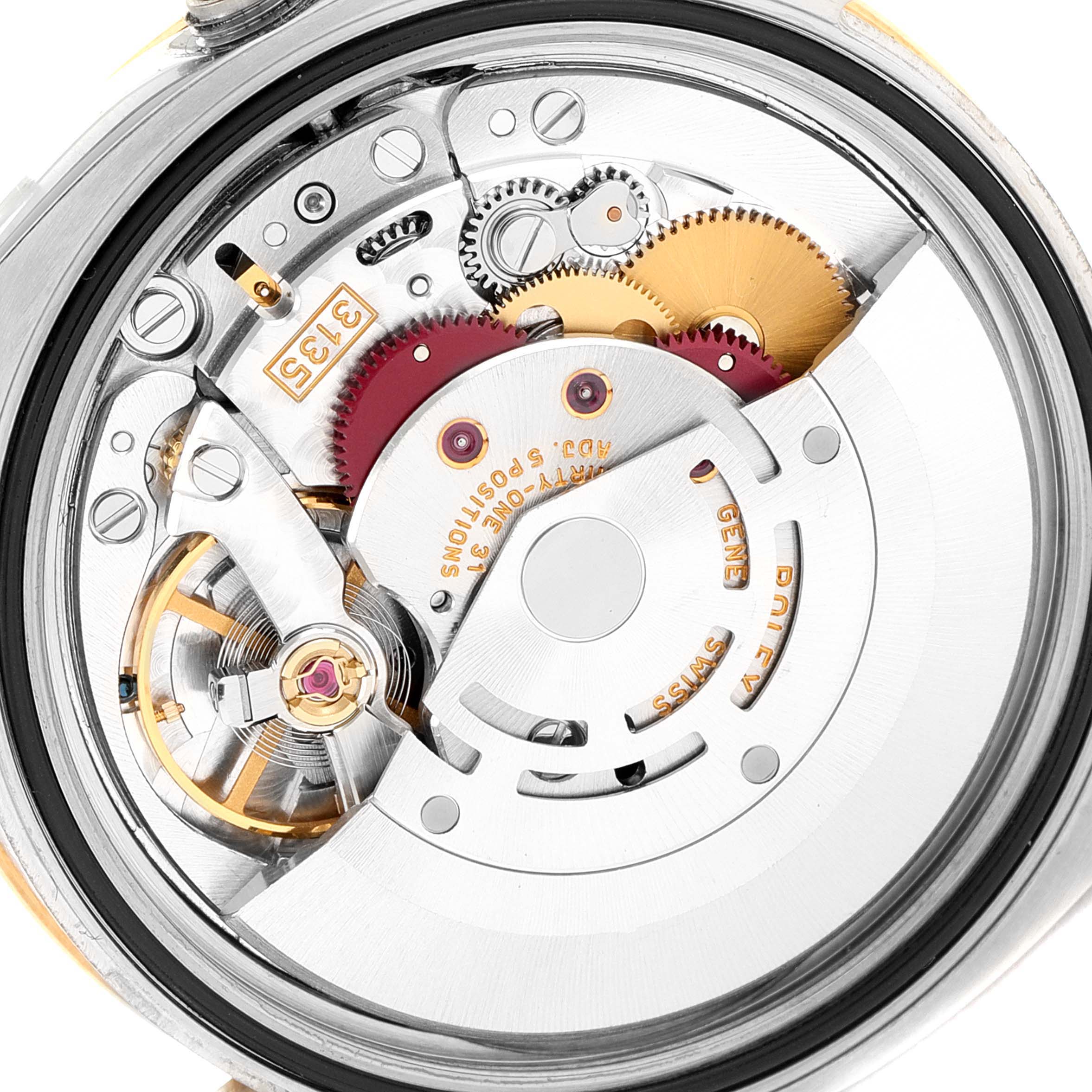 This image shows a close-up view of the internal mechanism of a Rolex Turn-o-Graph 116263 Men's Steel and Gold (two tone) Champagne Dial 116263 Men's Steel and Gold (two tone) Champagne Dial watch, highlighting its gears and movement.