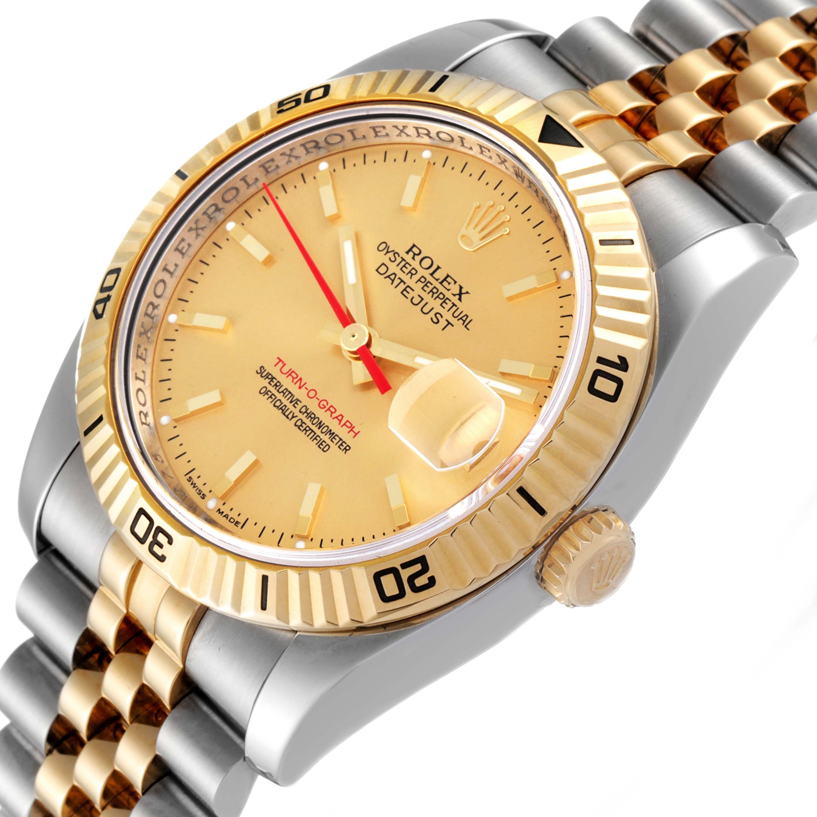 The image shows a Rolex Turn-o-Graph 116263 Men's Steel and Gold (two tone) Champagne Dial 116263 Men's Steel and Gold (two tone) Champagne Dial watch at a slight angle featuring a gold bezel, gold dial, and a two-tone bracelet.