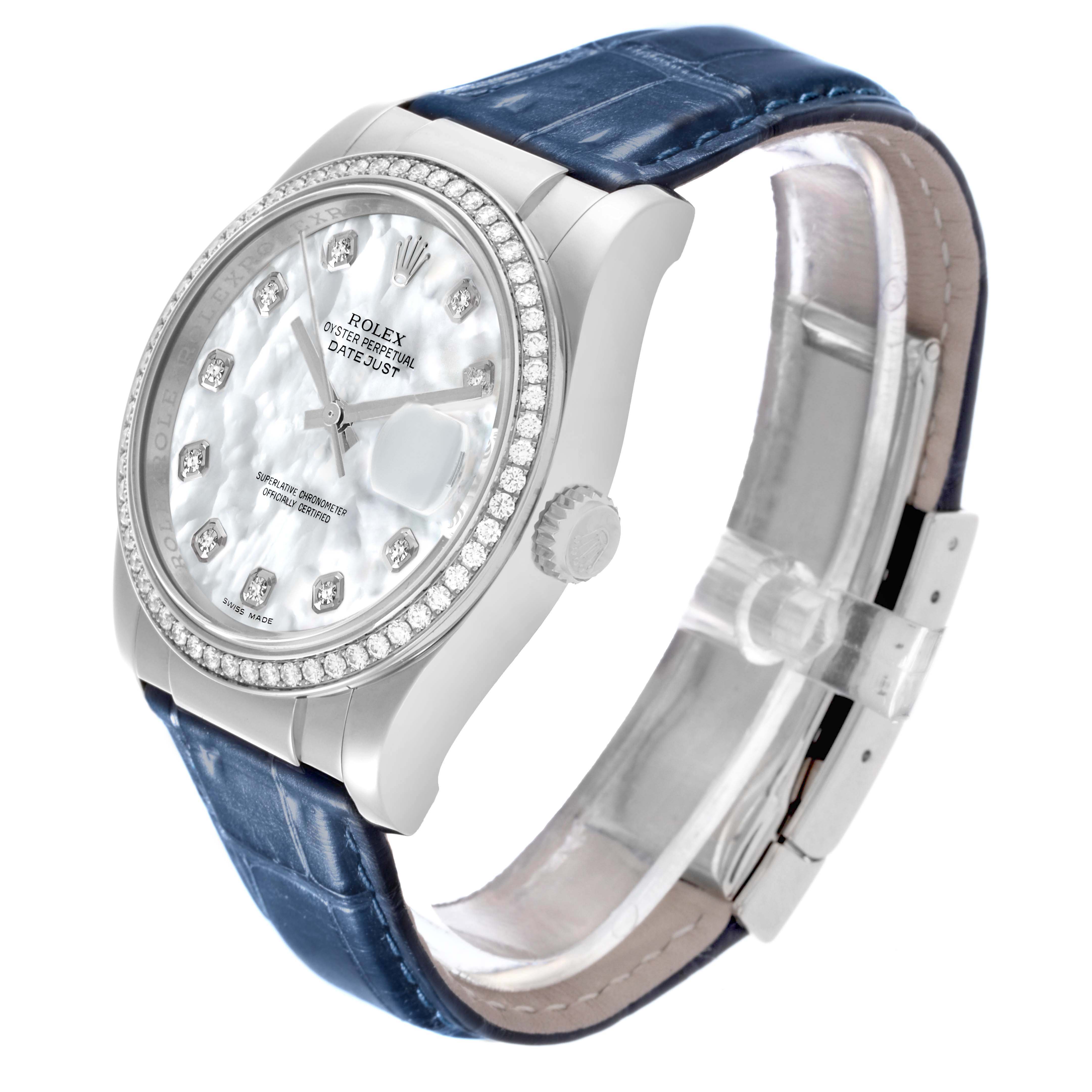 The Rolex Datejust 116189 Men's White Gold Mother of Pearl Dial watch is shown at a three-quarter angle, displaying the face, bezel, crown, and part of the leather strap.