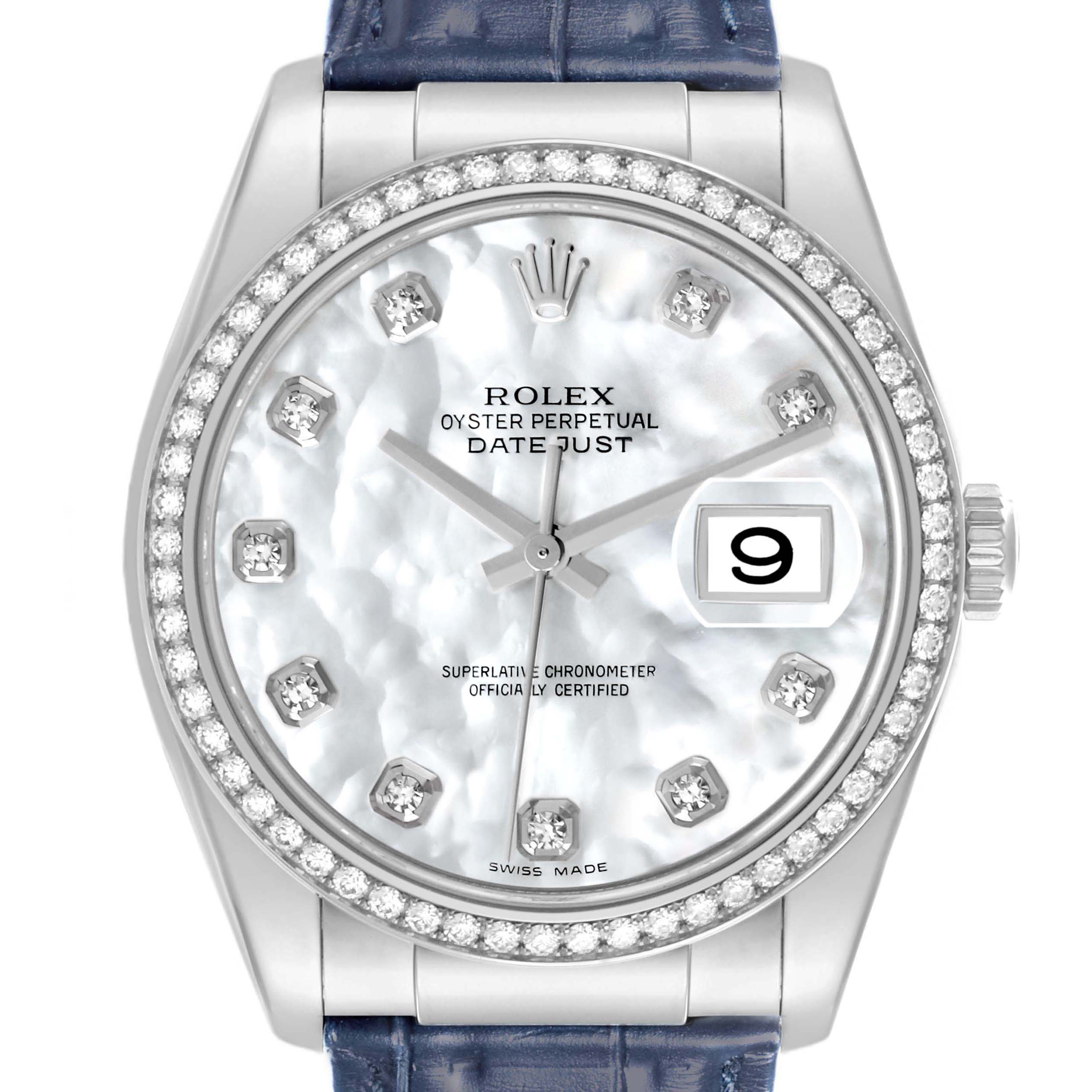 The Rolex Datejust 116189 Men's White Gold Mother of Pearl Dial watch is shown from a front angle, displaying the dial, bezel, and part of the strap.