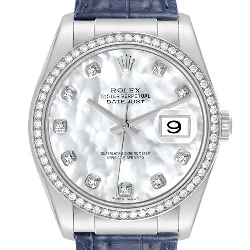 The Rolex Datejust 116189 Men's White Gold Mother of Pearl Dial watch is shown from the front, featuring the dial, bezel, and part of the strap.