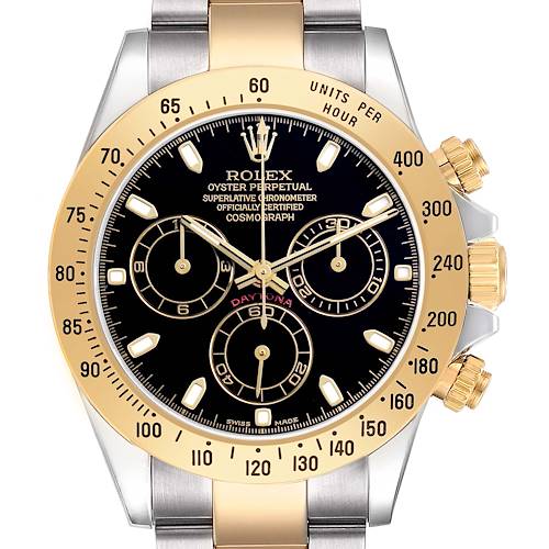 The Rolex Daytona 116523 Men's Steel and Gold (two tone) Black Dial watch is shown from the front, highlighting the dial, bezel, and chronograph sub-dials.