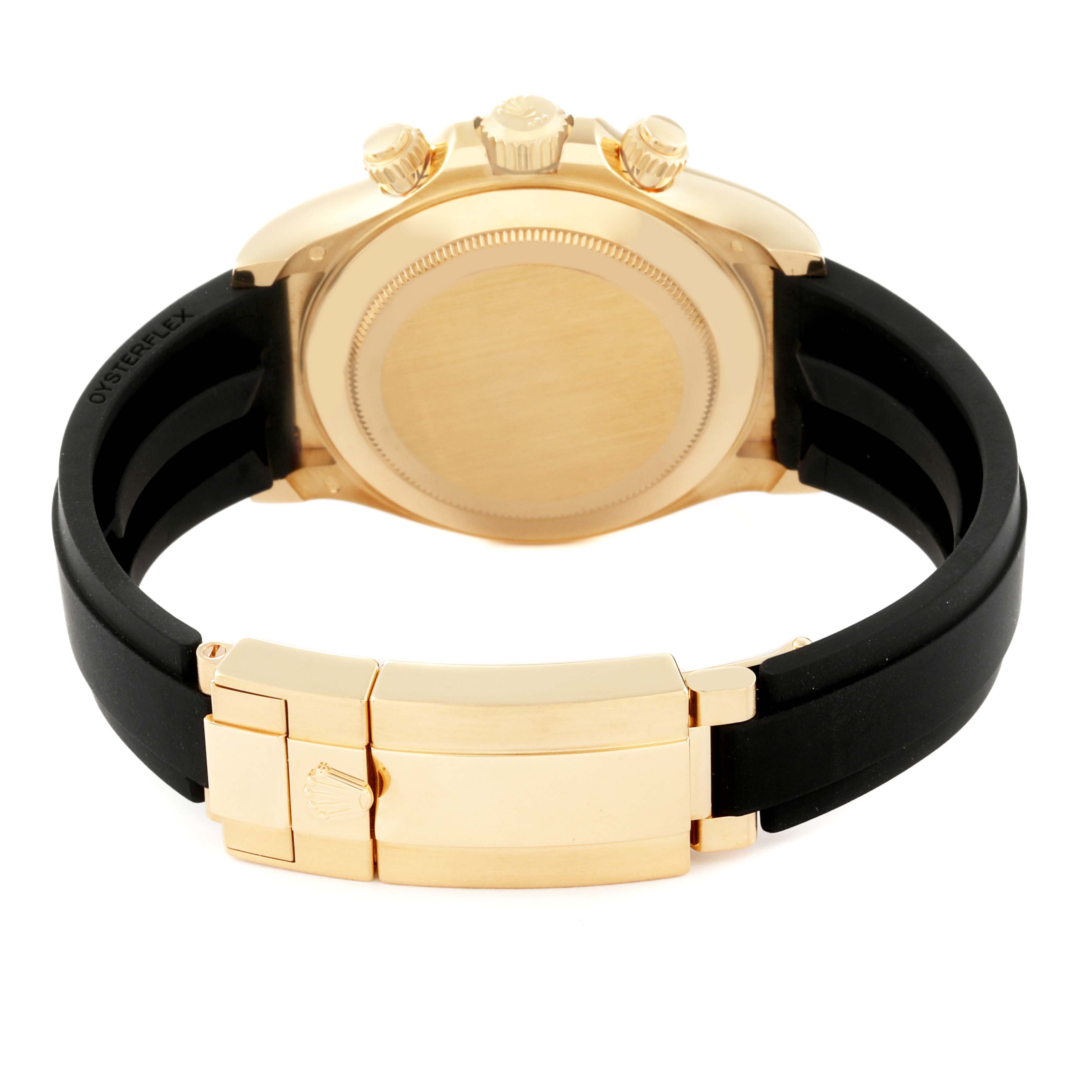 This image shows the back case, clasp, and black strap of a Rolex Daytona 116518 Men's Yellow Gold Mother of Pearl Dial 116518 Men's Yellow Gold Mother of Pearl Dial watch.