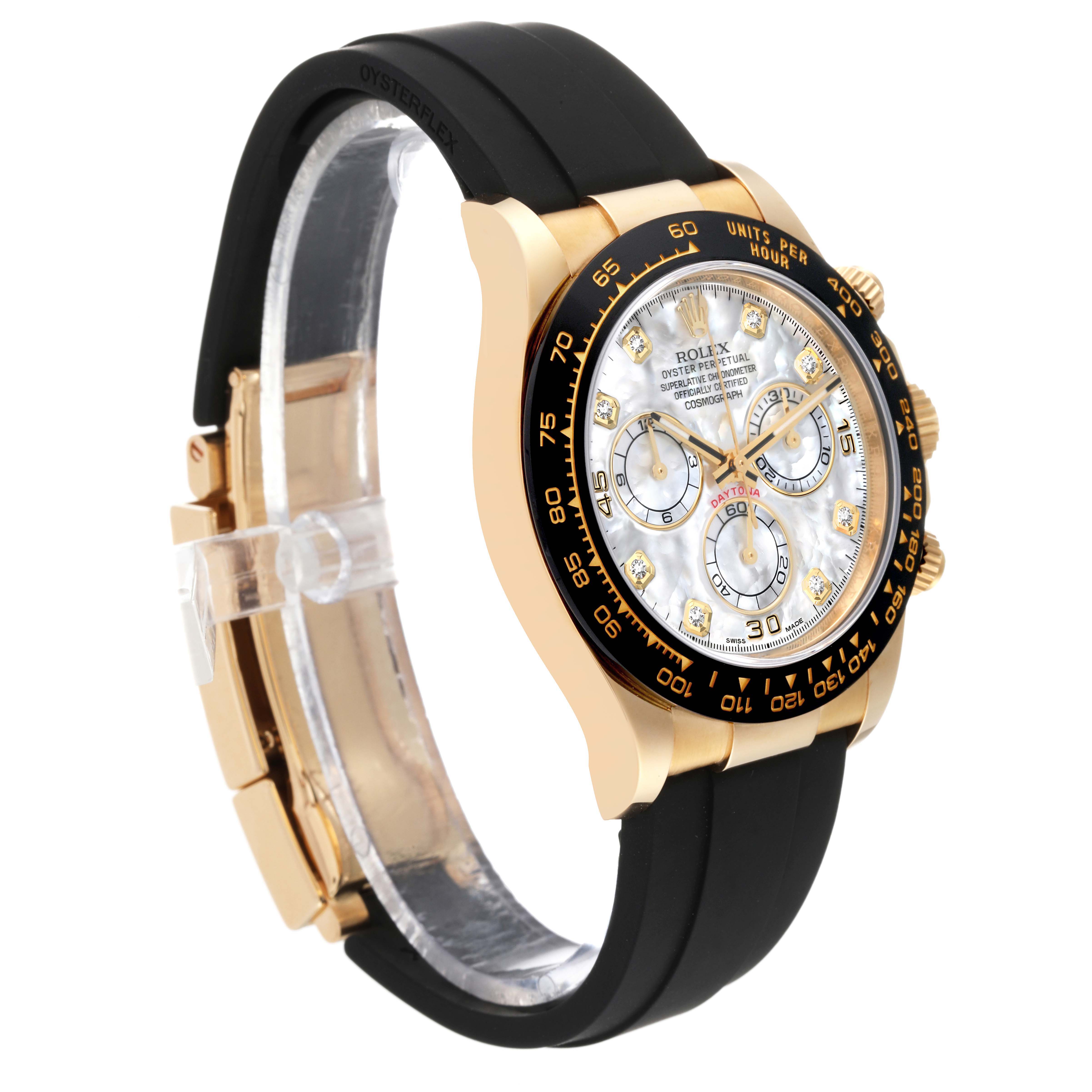 The Rolex Daytona 116518 Men's Yellow Gold Mother of Pearl Dial 116518 Men's Yellow Gold Mother of Pearl Dial watch is shown at an angled side view, highlighting its black Oysterflex strap, gold case, and detailed dial.