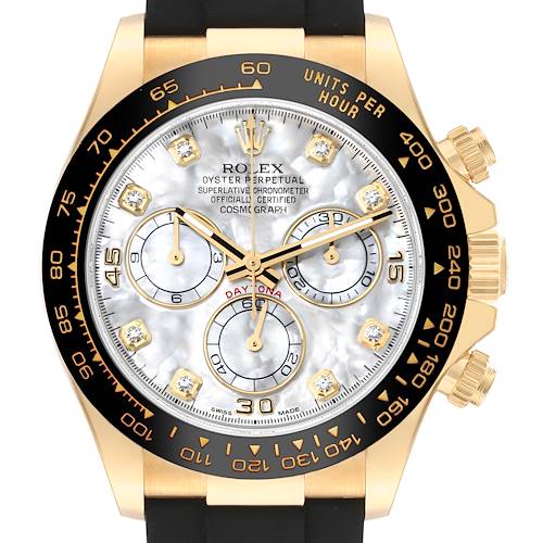 Photo of Rolex Daytona Yellow Gold Mother Of Pearl Diamond Dial Mens Watch 116518 Box Card