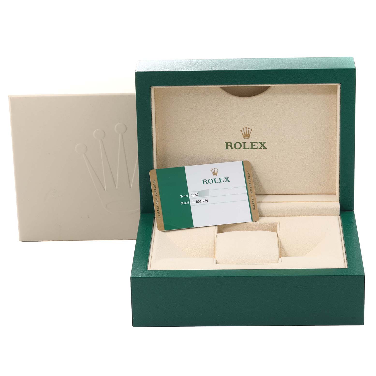 The image shows the packaging and authenticity card for a Rolex Daytona 116518 Men's Yellow Gold Mother of Pearl Dial 116518 Men's Yellow Gold Mother of Pearl Dial watch.