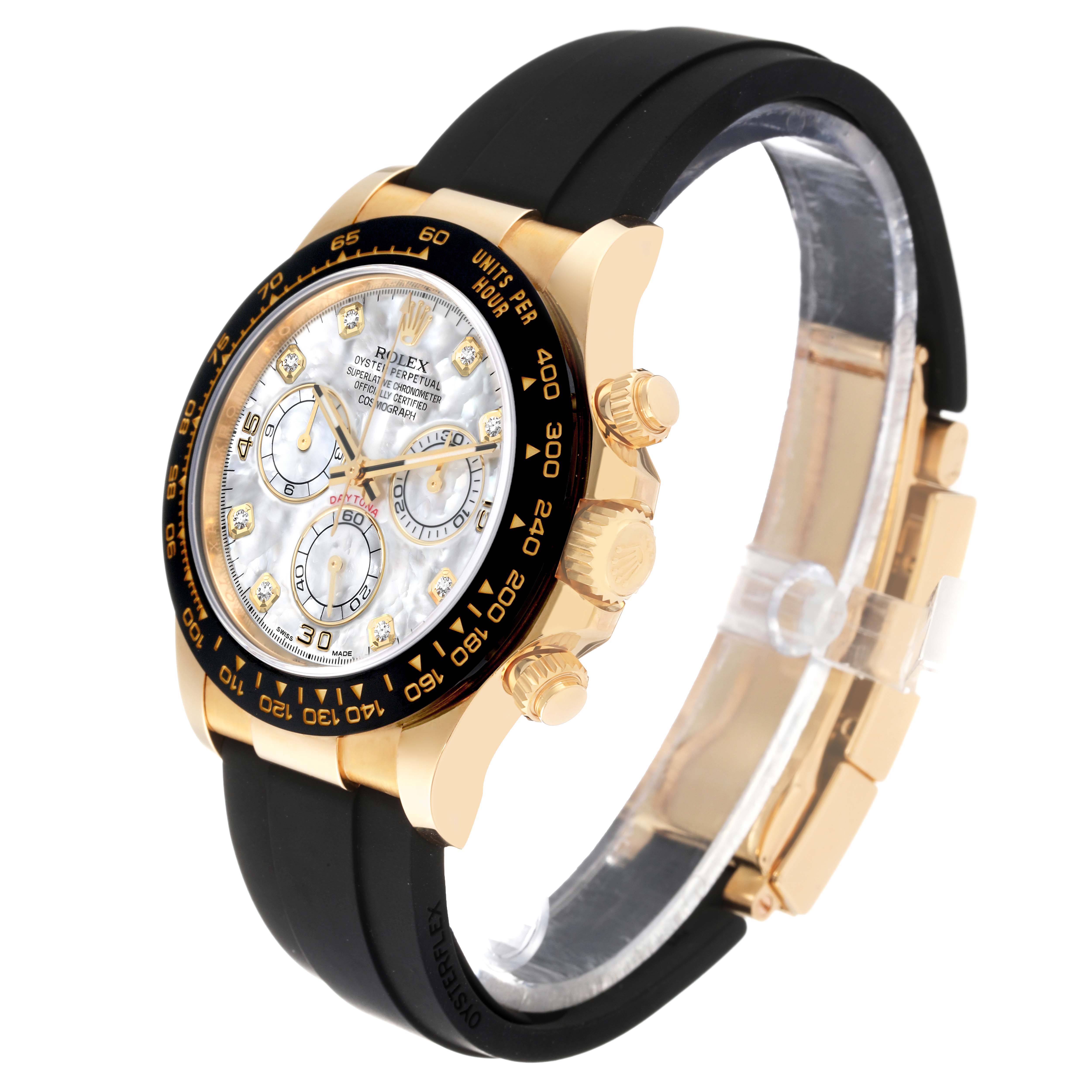 This image shows a Rolex Daytona 116518 Men's Yellow Gold Mother of Pearl Dial 116518 Men's Yellow Gold Mother of Pearl Dial watch angled from the front-left, highlighting its dial, crown, bezel, and wristband.