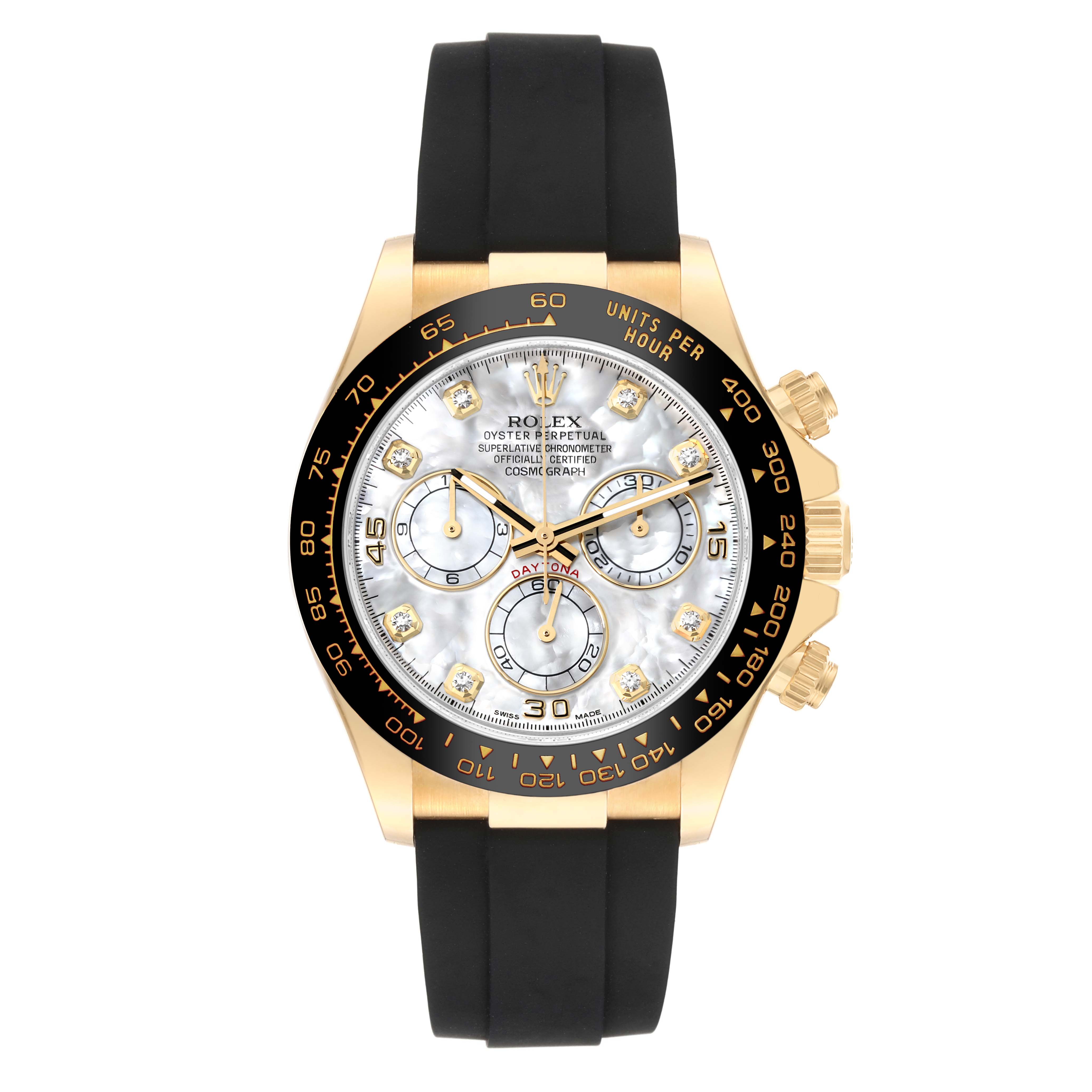 The image shows a Rolex Daytona 116518 Men's Yellow Gold Mother of Pearl Dial 116518 Men's Yellow Gold Mother of Pearl Dial watch with a black strap, gold case, white dial, and three subdials viewed from the front.