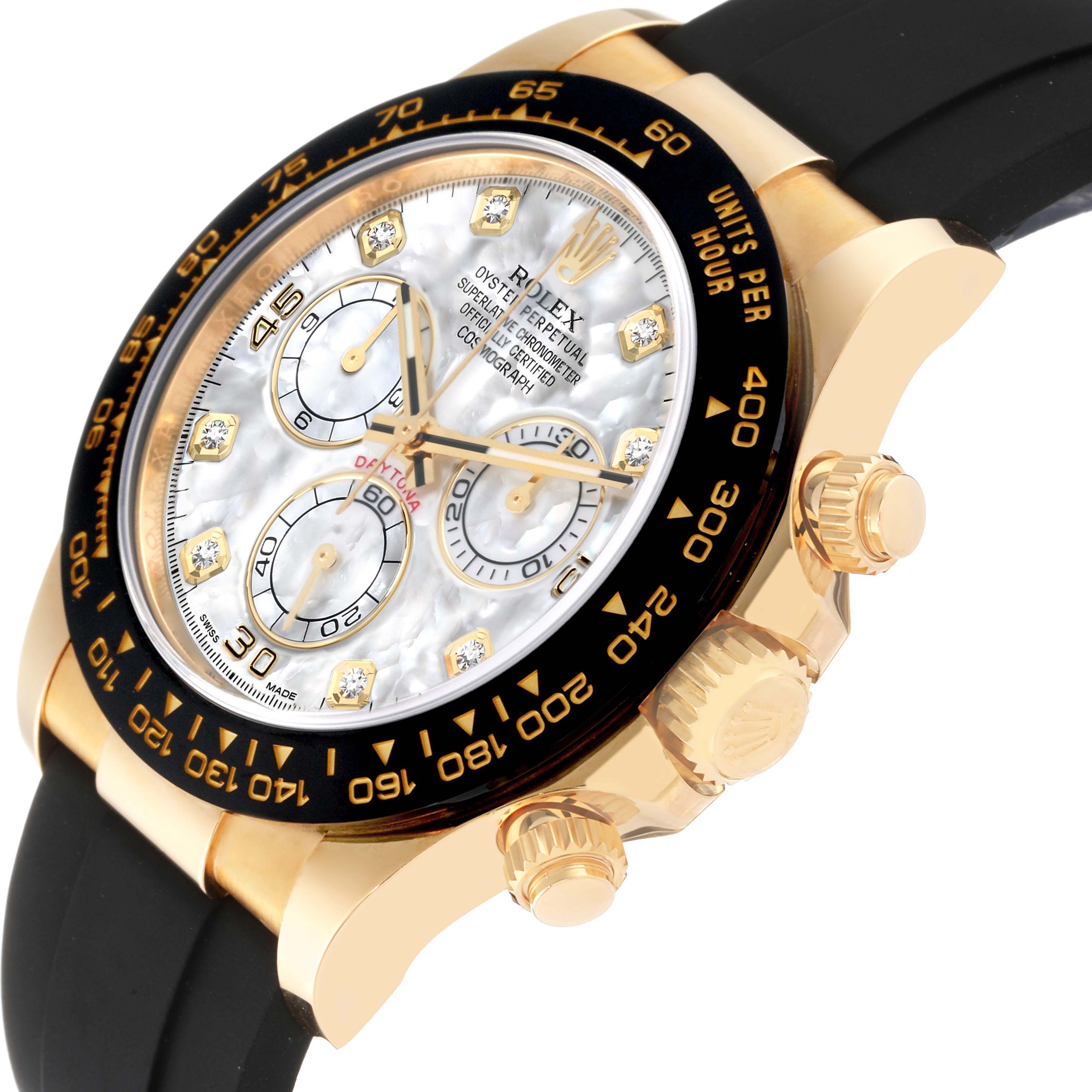 This image shows a close-up angle of a Rolex Daytona 116518 Men's Yellow Gold Mother of Pearl Dial 116518 Men's Yellow Gold Mother of Pearl Dial watch, highlighting the dial, bezel, crown, and pushers.