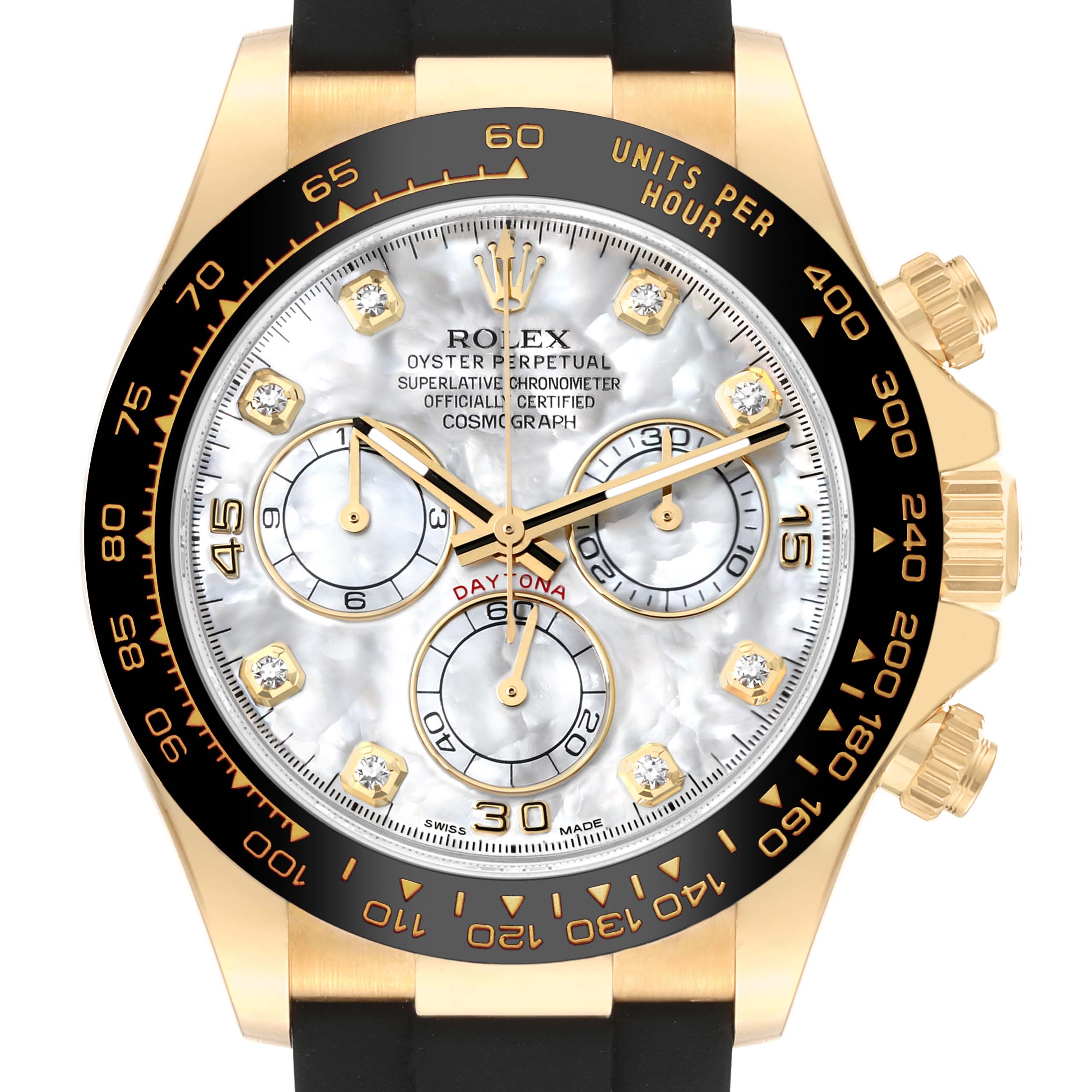 The image shows a frontal view of a Rolex Daytona 116518 Men's Yellow Gold Mother of Pearl Dial 116518 Men's Yellow Gold Mother of Pearl Dial watch featuring a gold case, black bezel, and a chronograph dial.