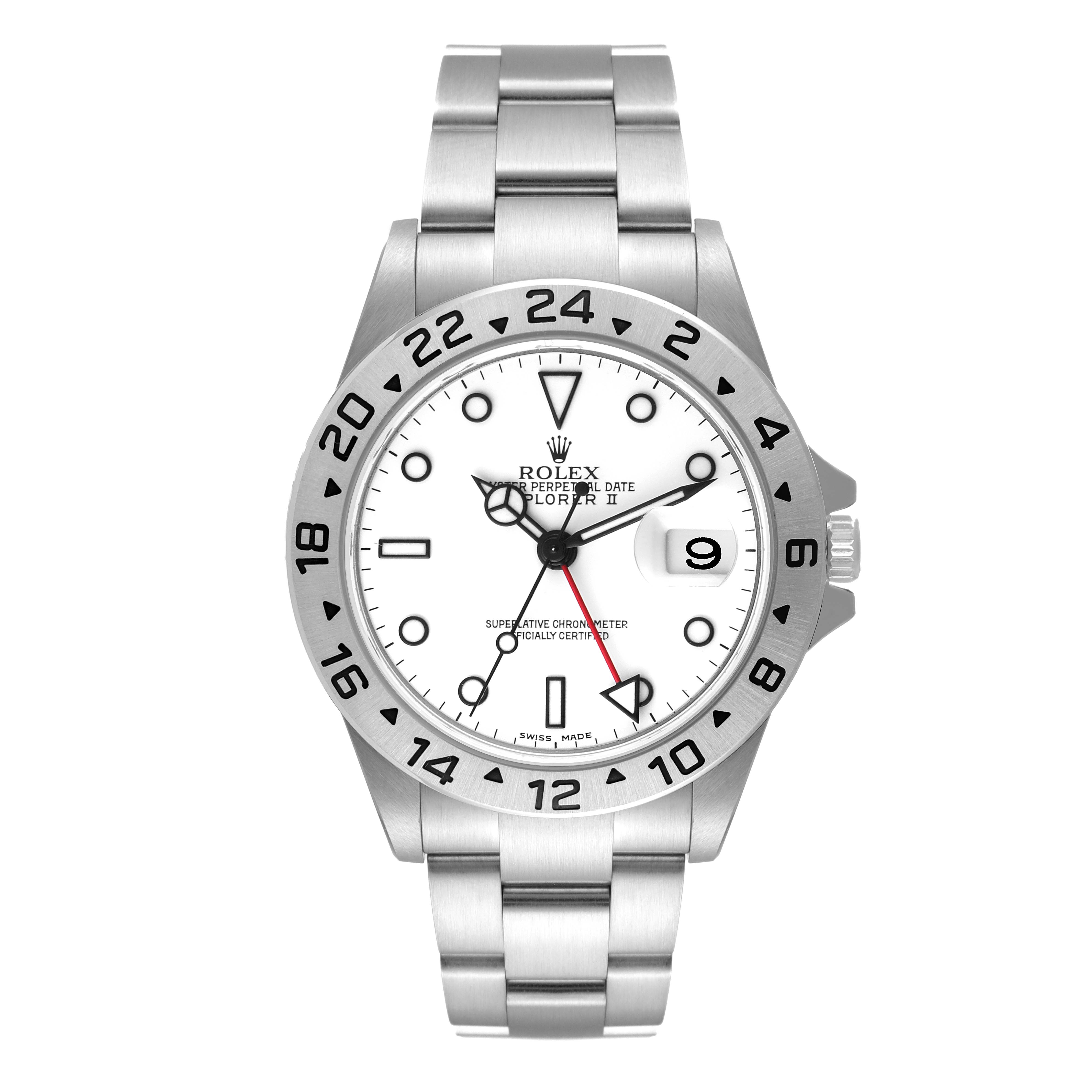The image shows a front view of a Rolex Explorer 16570 Men's Stainless Steel White Dial 16570 Men's Stainless Steel White Dial II, displaying the dial, hands, case, bezel, and bracelet.