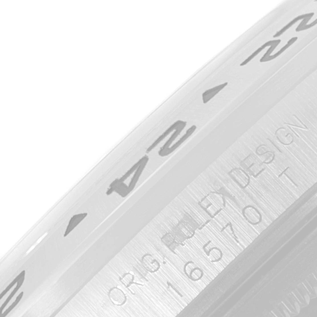 The image shows a close-up side angle of the bezel and case of a Rolex Explorer 16570 Men's Stainless Steel White Dial 16570 Men's Stainless Steel White Dial watch, highlighting the engraved numbers and "ORIG. ROLEX DESIGN 16570 T."