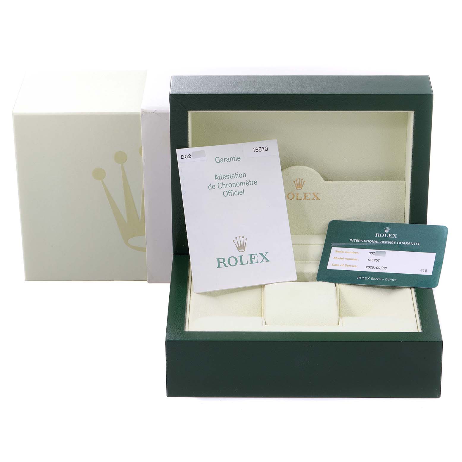 This image shows the packaging, international service guarantee card, and chronometer certificate for the Rolex Explorer 16570 Men's Stainless Steel White Dial 16570 Men's Stainless Steel White Dial watch model.