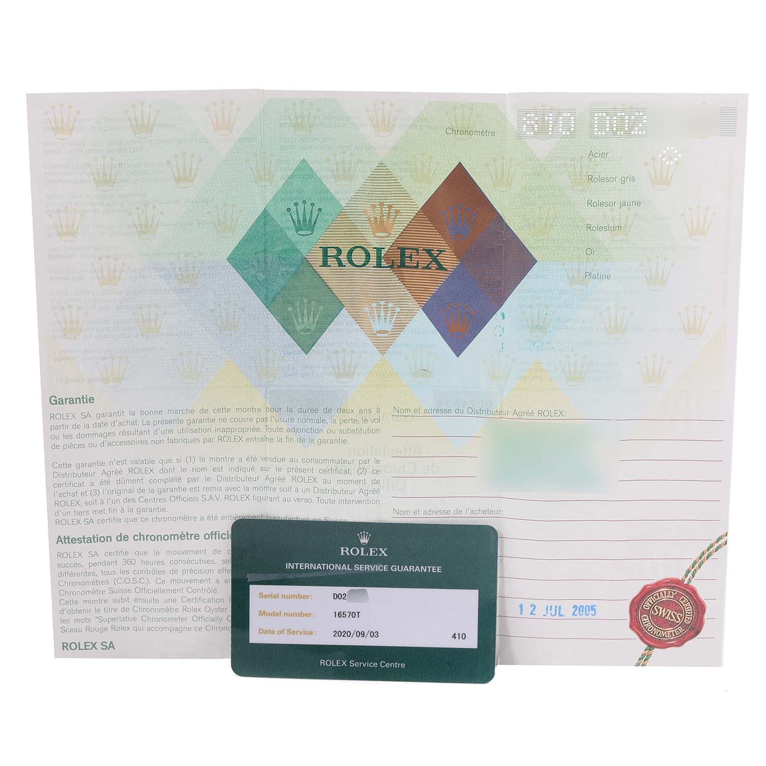 The image shows guarantee documentation and an international service guarantee card for a Rolex Explorer 16570 Men's Stainless Steel White Dial 16570 Men's Stainless Steel White Dial model watch.