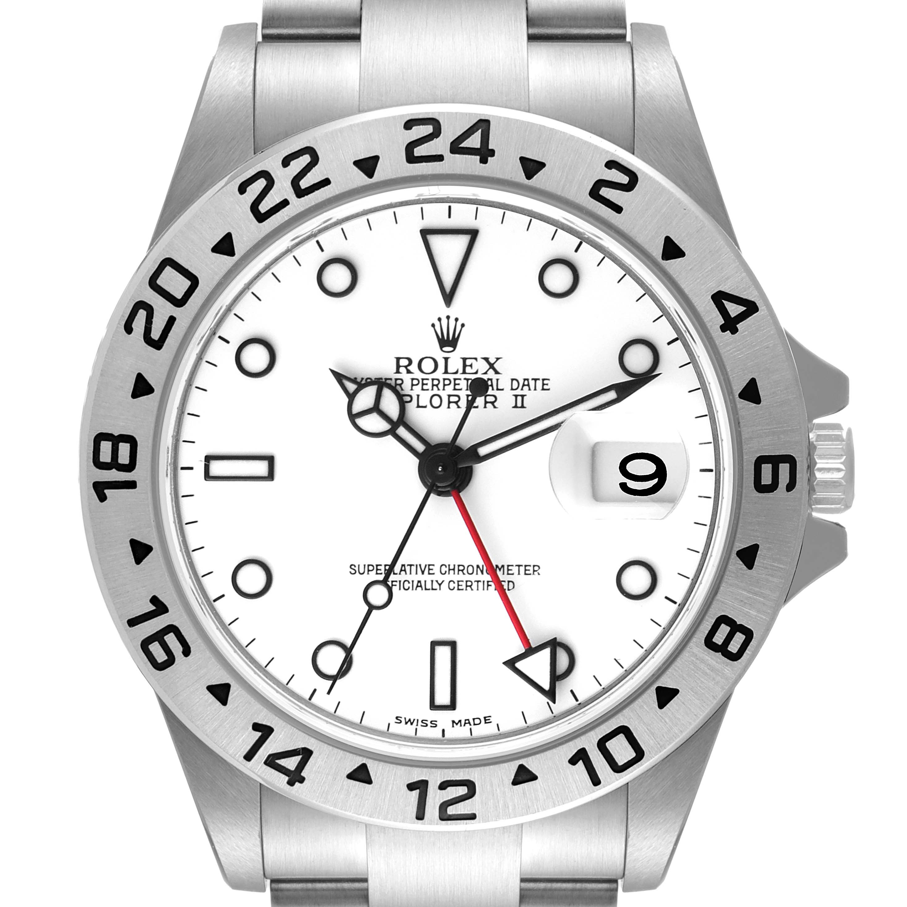 This image shows a close-up of the Rolex Explorer 16570 Men's Stainless Steel White Dial 16570 Men's Stainless Steel White Dial watch face, highlighting its dial, bezel, hands, date window, and crown.