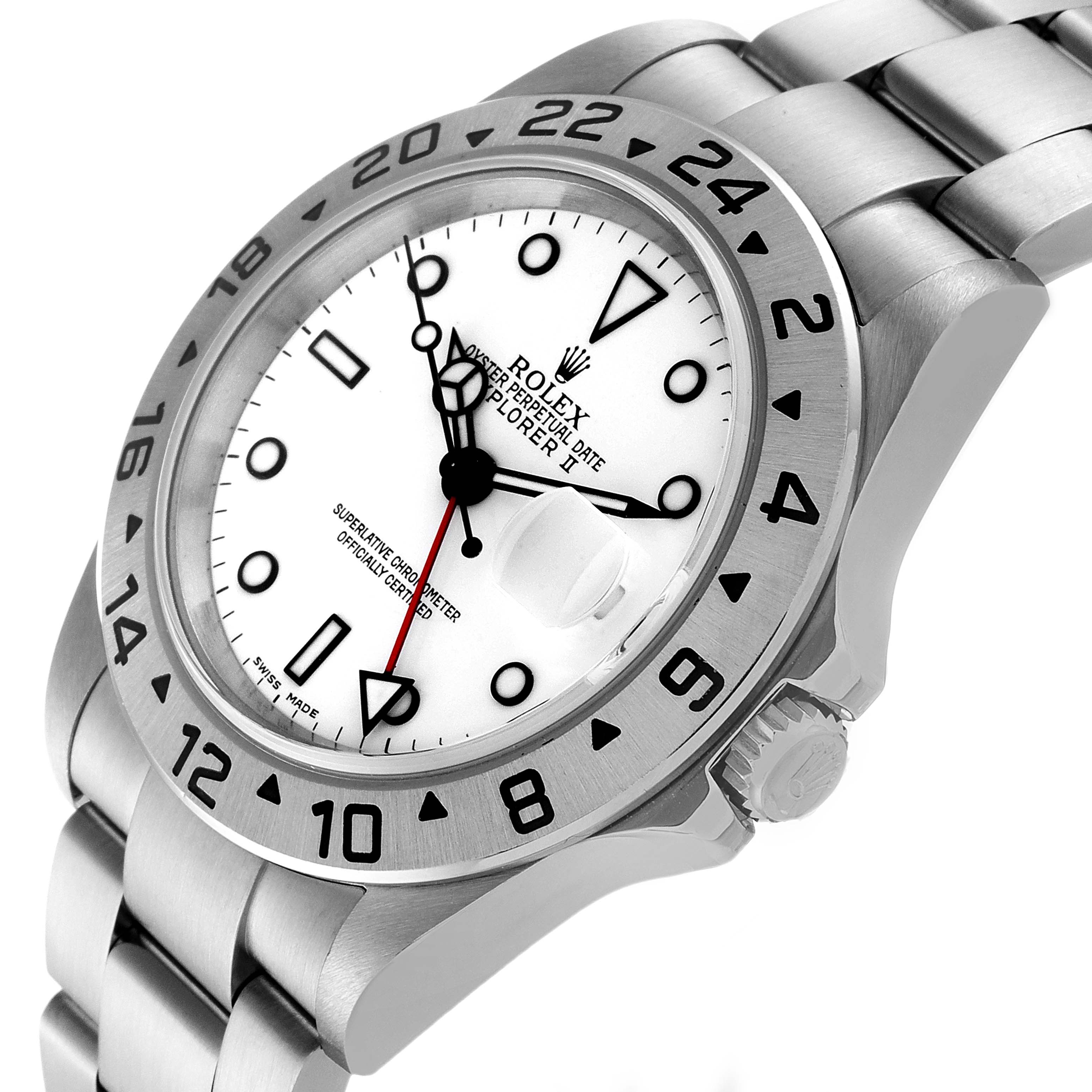 This image shows a side angle of the Rolex Explorer 16570 Men's Stainless Steel White Dial 16570 Men's Stainless Steel White Dial II, displaying its white dial, stainless steel bezel, and bracelet.