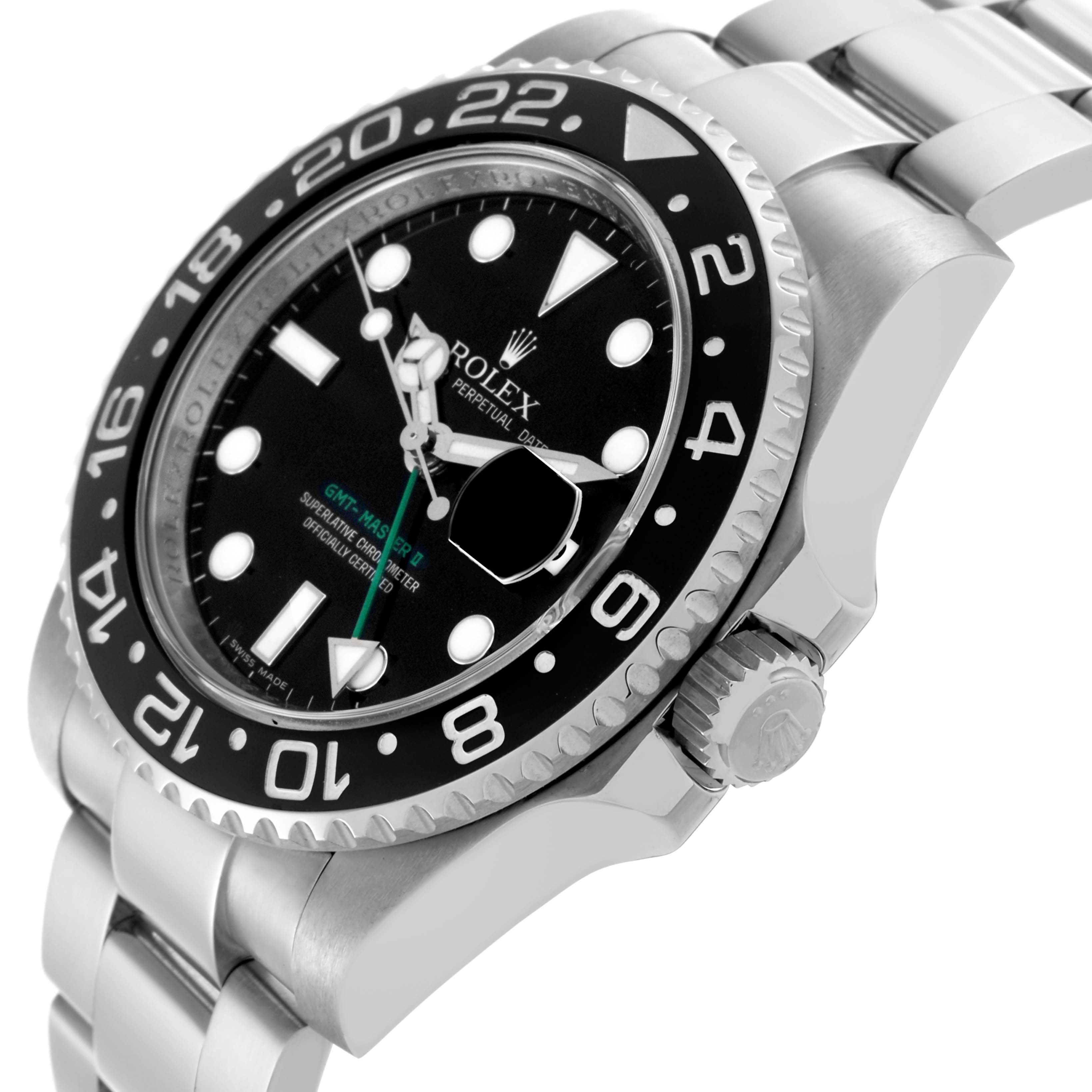 The Rolex GMT-Master 116710LN Men
s Stainless Steel Black Dial 116710LN Men
s Stainless Steel Black Dial watch is shown at an angle highlighting the bezel, crown, and part of the bracelet.