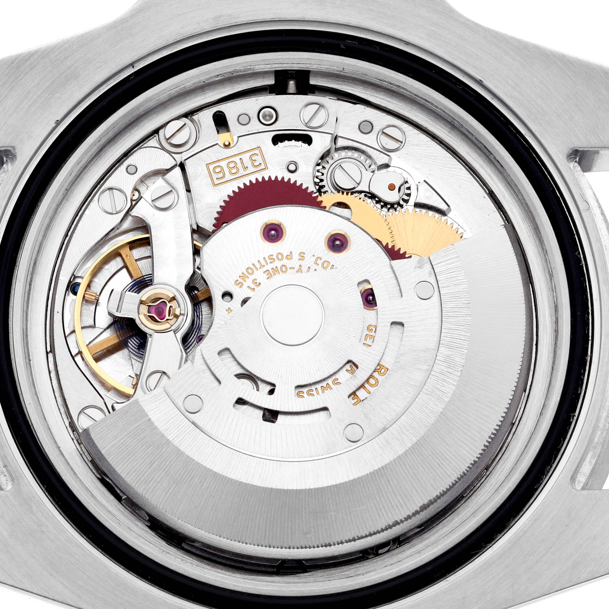 This image shows the internal mechanism of a Rolex GMT-Master 116710LN Men
s Stainless Steel Black Dial 116710LN Men
s Stainless Steel Black Dial, revealing intricate gears and movements.