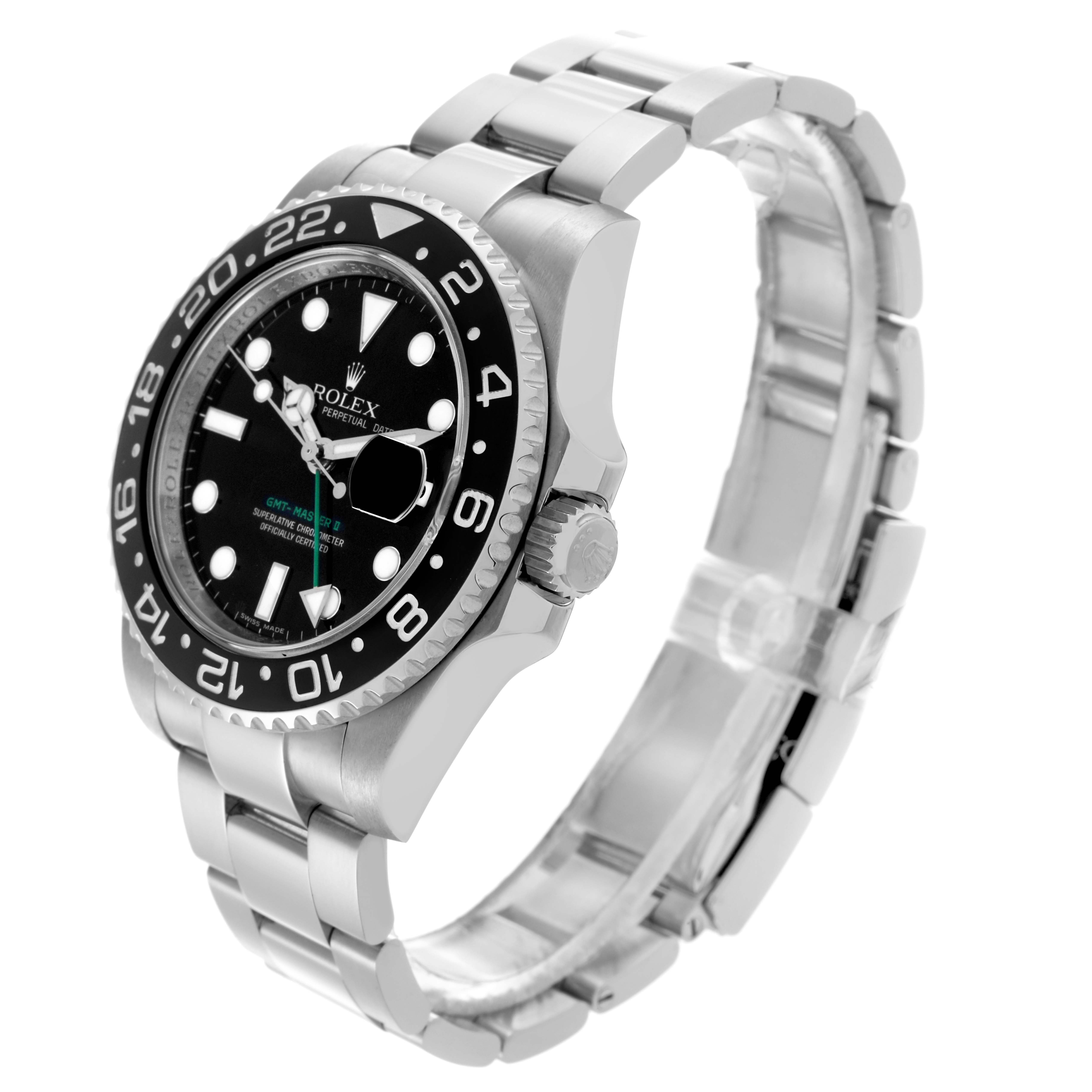 This Rolex GMT-Master 116710LN Men
s Stainless Steel Black Dial 116710LN Men
s Stainless Steel Black Dial watch is shown at a slight side angle, highlighting the bezel, dial, and bracelet.