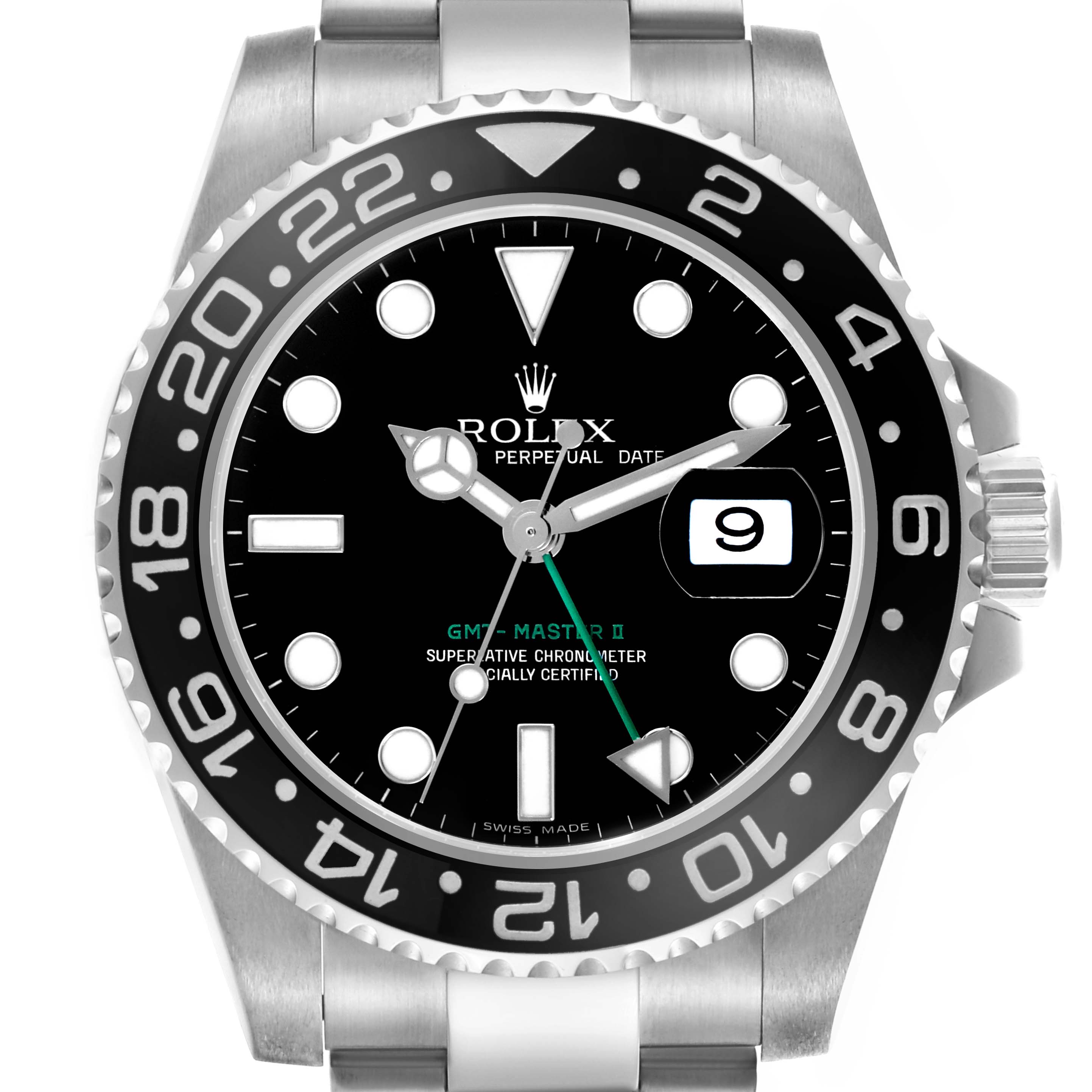 The Rolex GMT-Master 116710LN Men
s Stainless Steel Black Dial 116710LN Men
s Stainless Steel Black Dial II watch is shown from a front view, highlighting the dial, bezel, and crown.