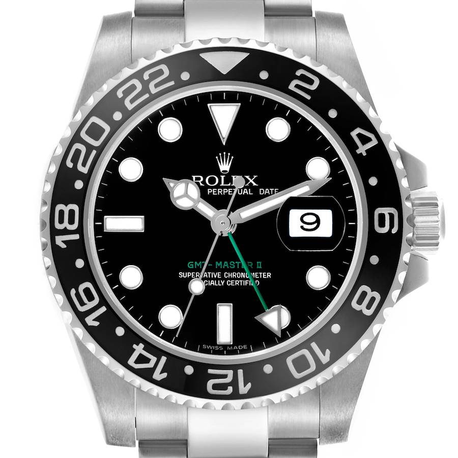 The Rolex GMT-Master II watch is shown from a front view, highlighting the dial, bezel, and crown.