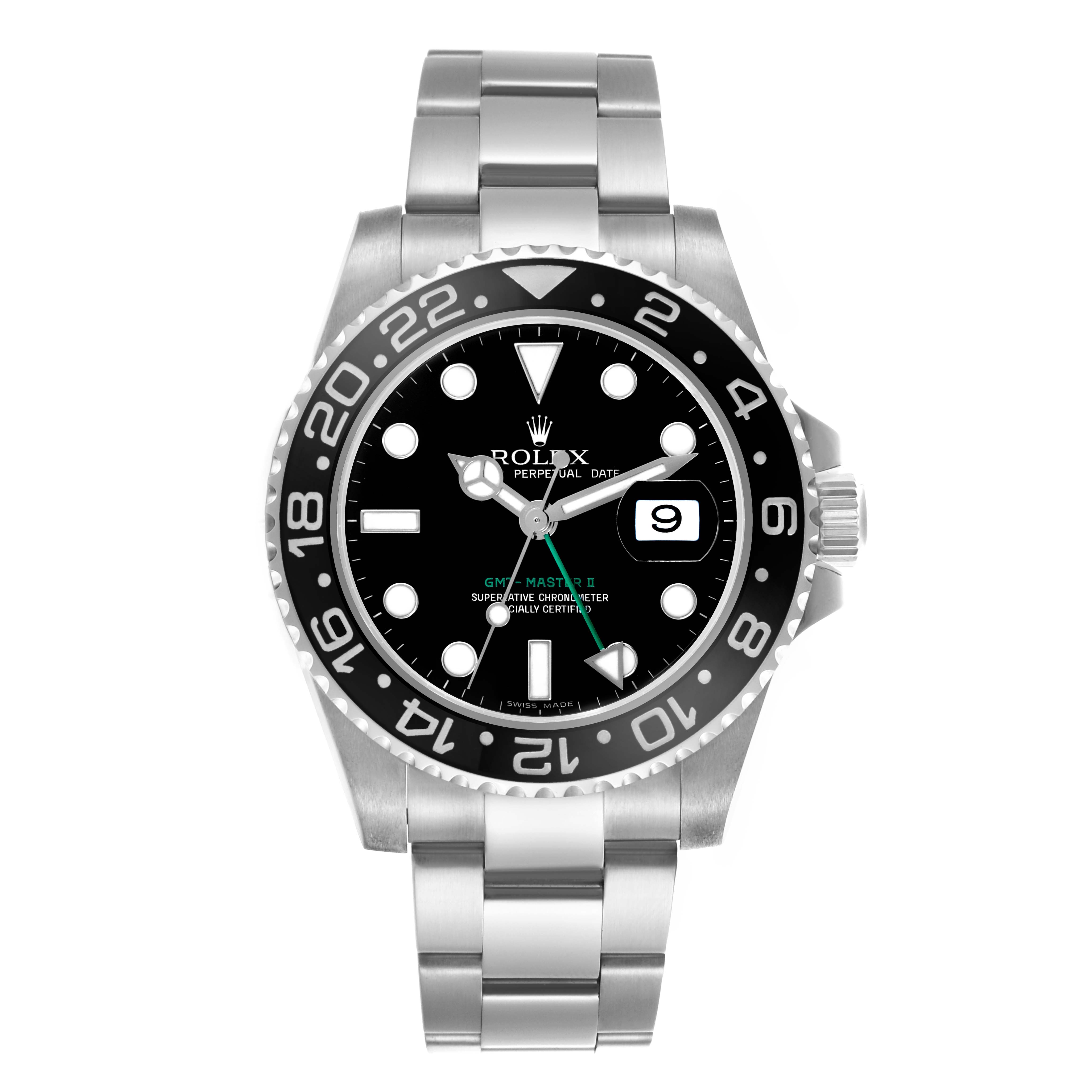 The Rolex GMT-Master 116710LN Men
s Stainless Steel Black Dial 116710LN Men
s Stainless Steel Black Dial watch is shown from the front, displaying its black dial, bezel, bracelet, and date window.