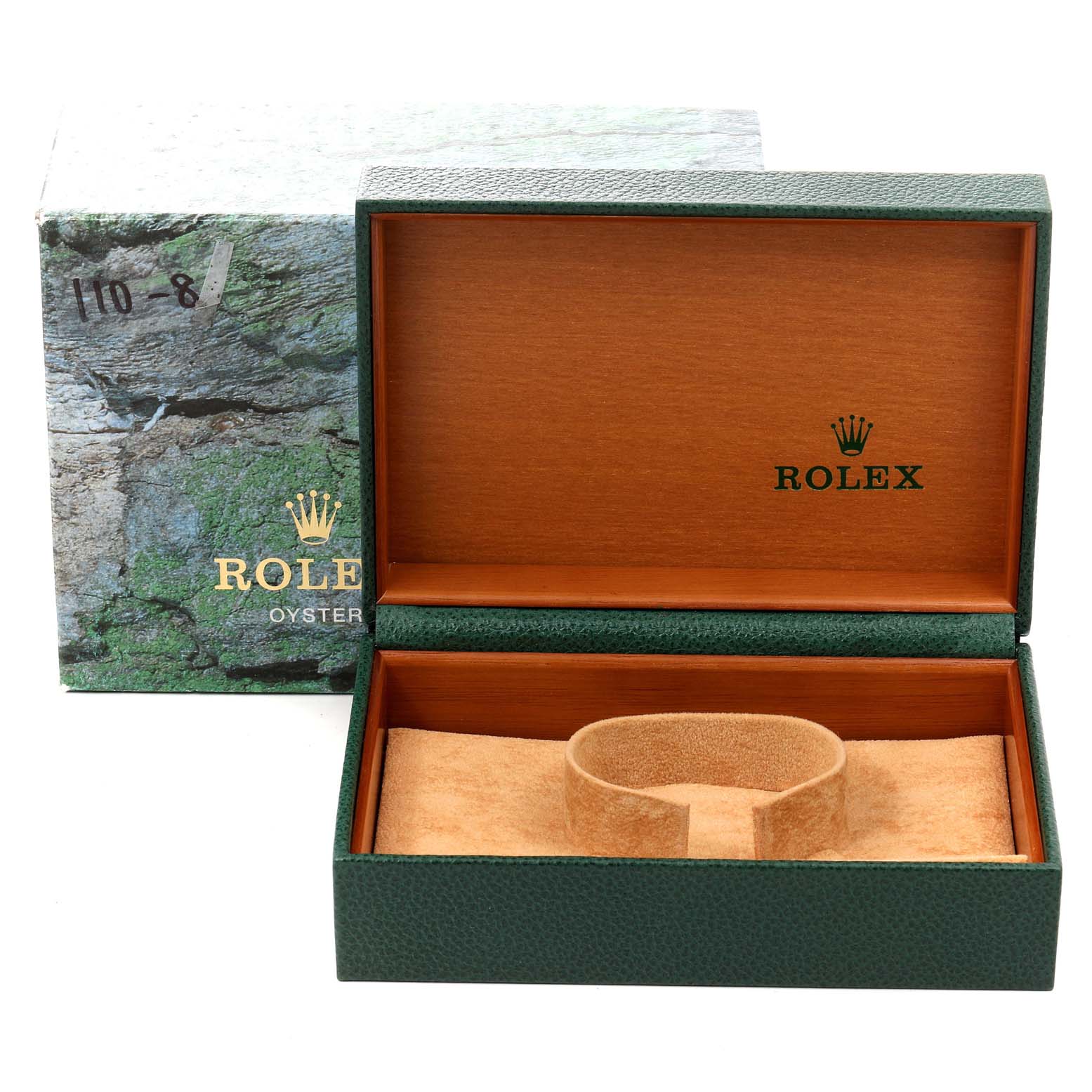 This image shows an empty Rolex GMT-Master 16710 Men
s Stainless Steel Black Dial 16710 Men
s Stainless Steel Black Dial watch box and packaging from a front angle.