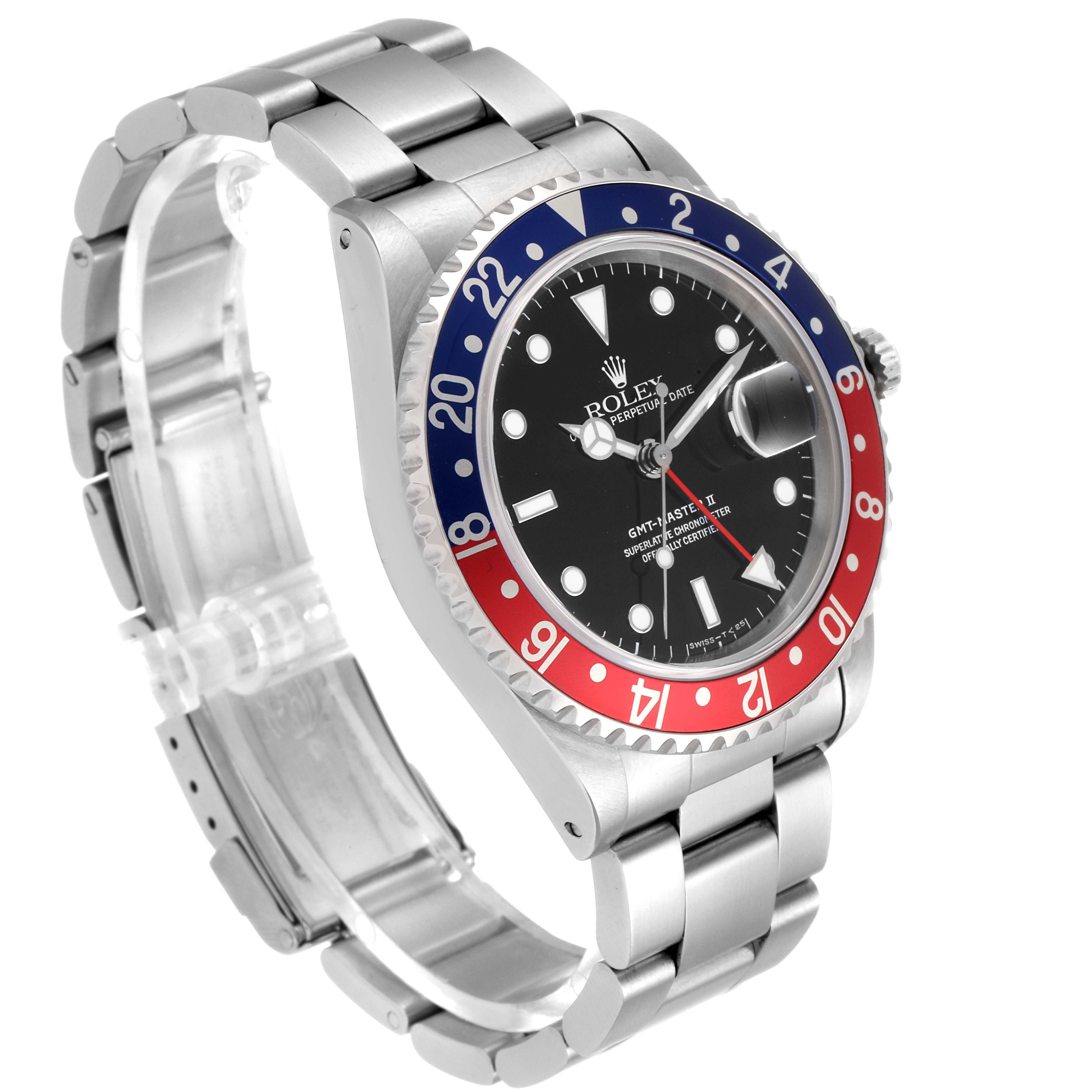 The image shows a Rolex GMT-Master 16710 Men
s Stainless Steel Black Dial 16710 Men
s Stainless Steel Black Dial II watch at a three-quarter angle, highlighting the face, bezel, and bracelet.