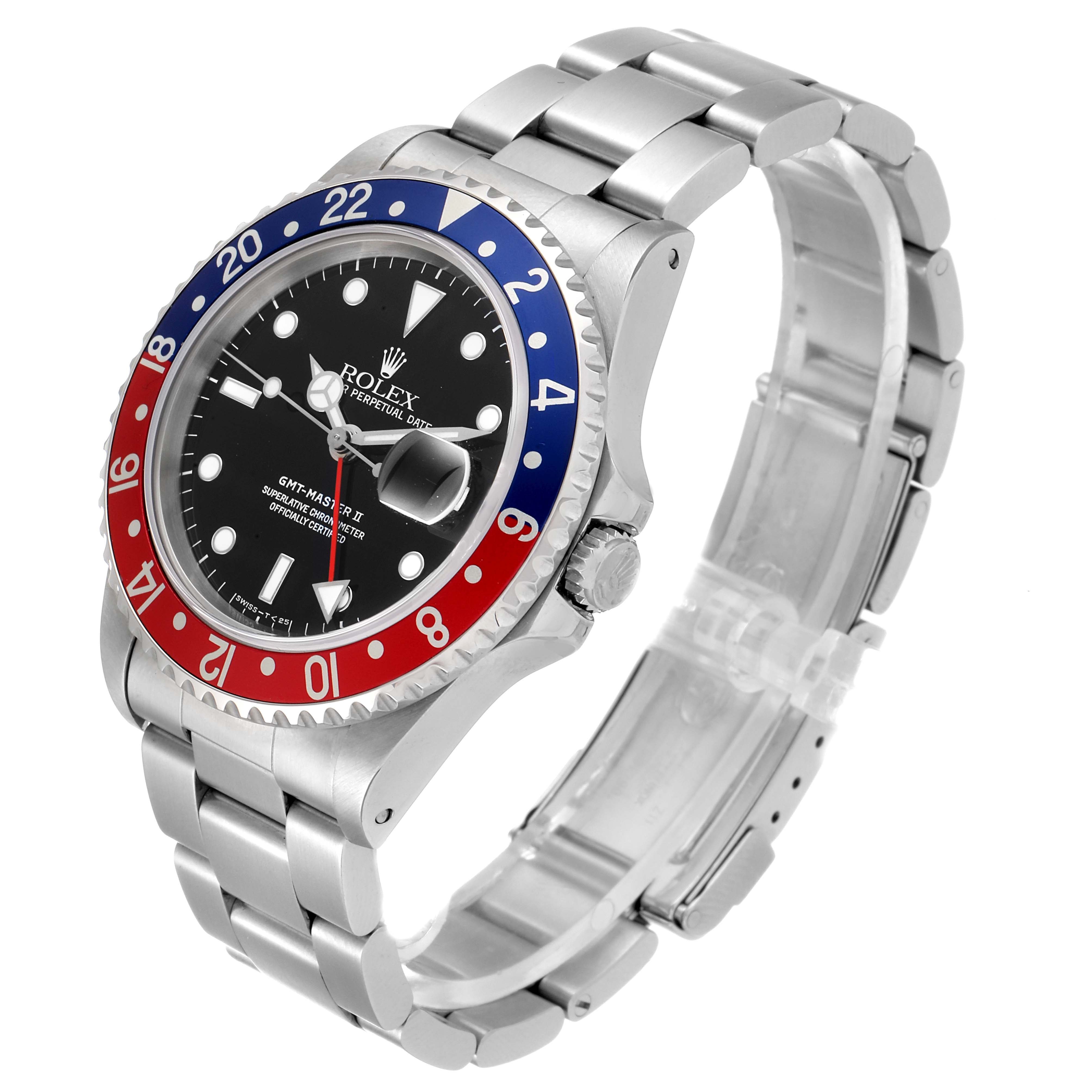 This image shows a Rolex GMT-Master 16710 Men
s Stainless Steel Black Dial 16710 Men
s Stainless Steel Black Dial watch from an angled side view, highlighting the bezel, dial, and bracelet.