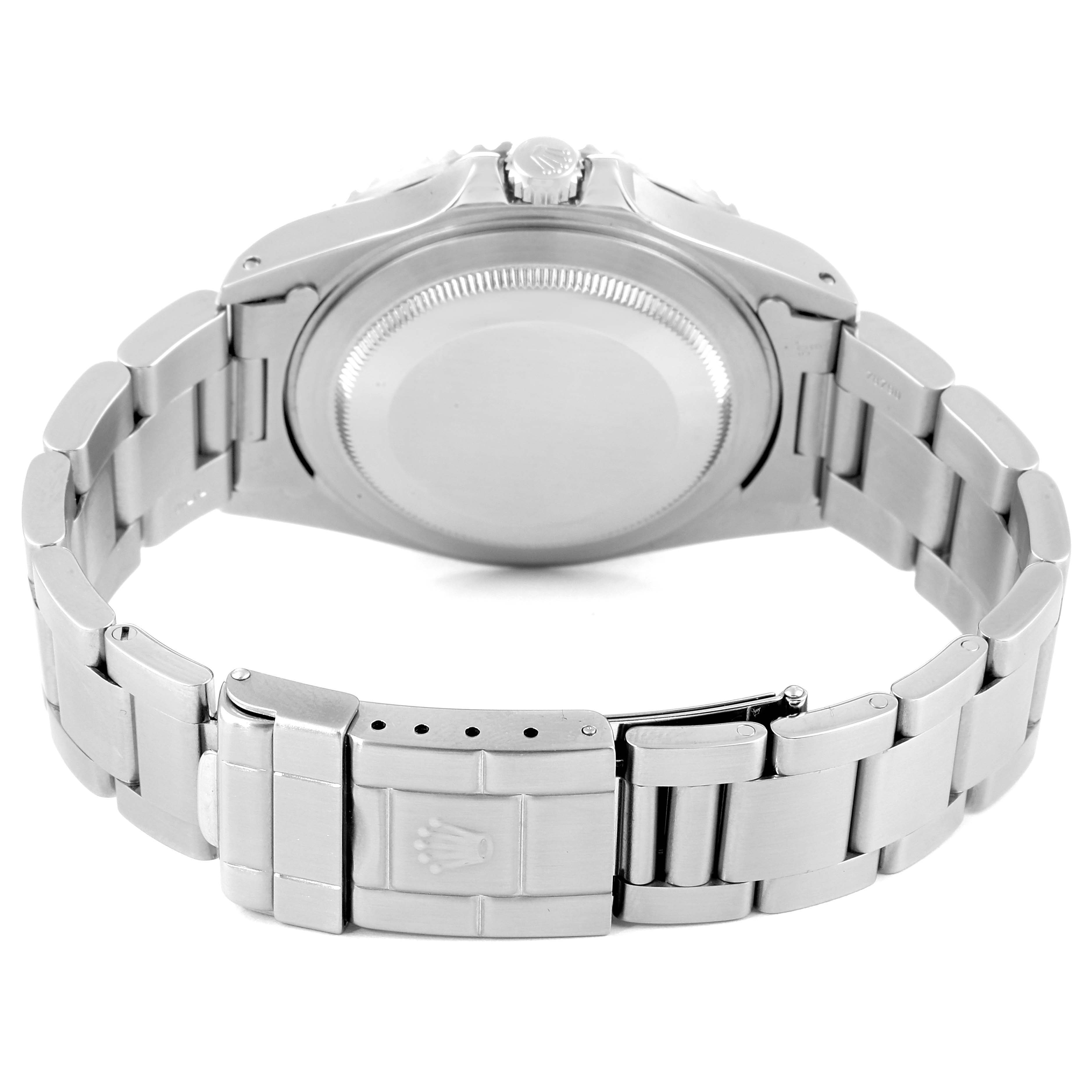 This image shows the back view of a Rolex GMT-Master 16710 Men
s Stainless Steel Black Dial 16710 Men
s Stainless Steel Black Dial watch, highlighting the case back and bracelet with clasp.