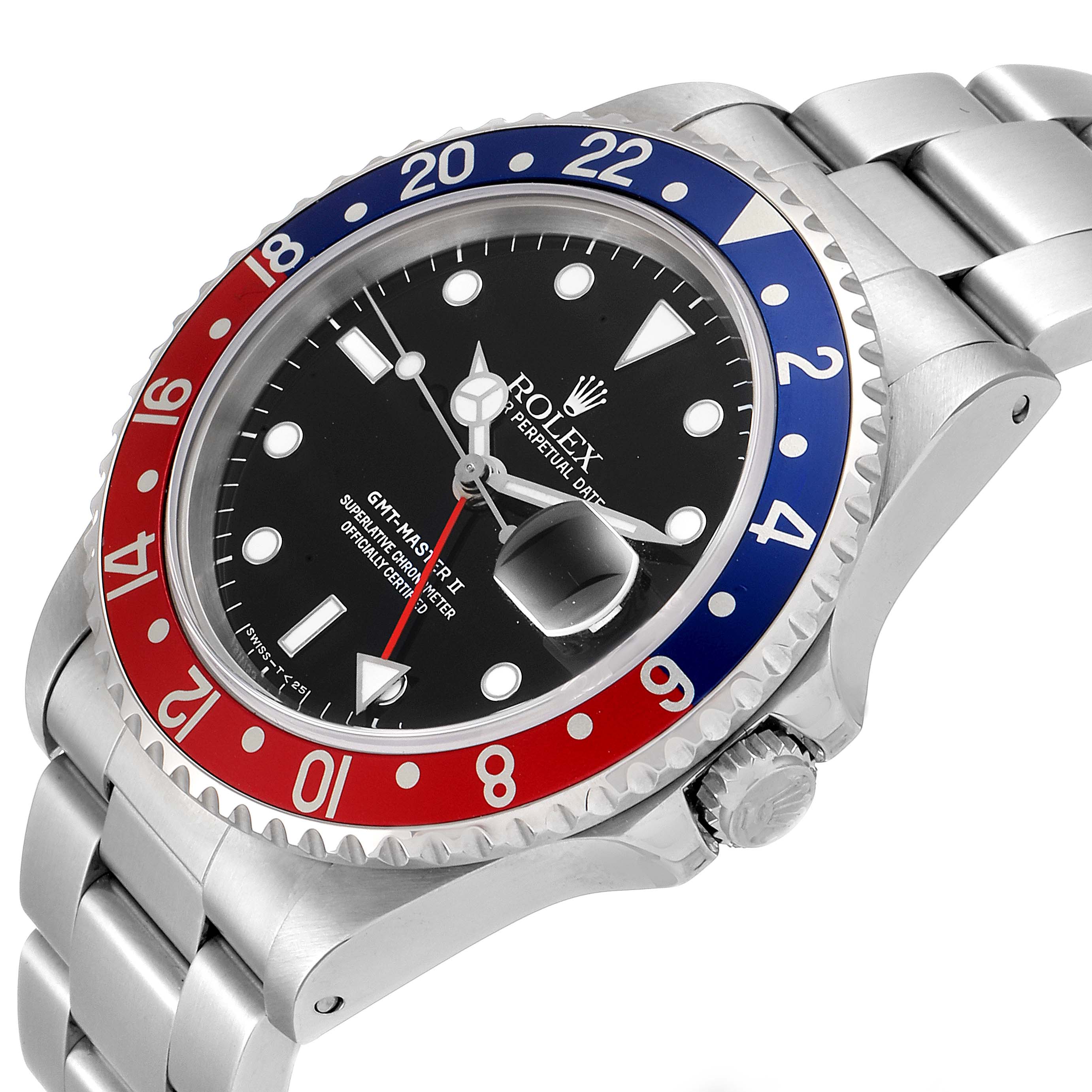 This image shows a silver Rolex GMT-Master 16710 Men
s Stainless Steel Black Dial 16710 Men
s Stainless Steel Black Dial II watch from a slight side angle, highlighting the bezel, dial, and bracelet.
