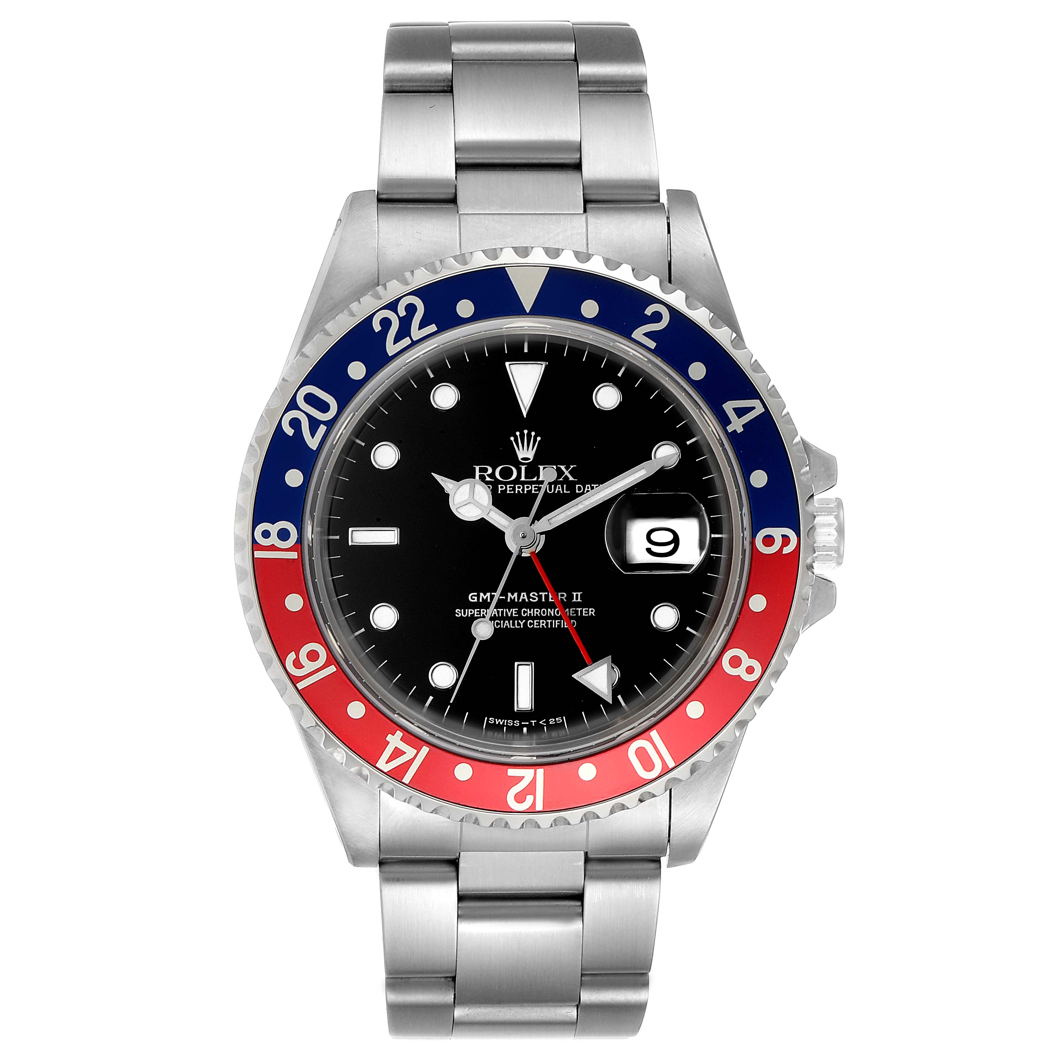 This image shows a front view of a Rolex GMT-Master 16710 Men
s Stainless Steel Black Dial 16710 Men
s Stainless Steel Black Dial model, featuring the face, bezel, crown, and part of the bracelet.